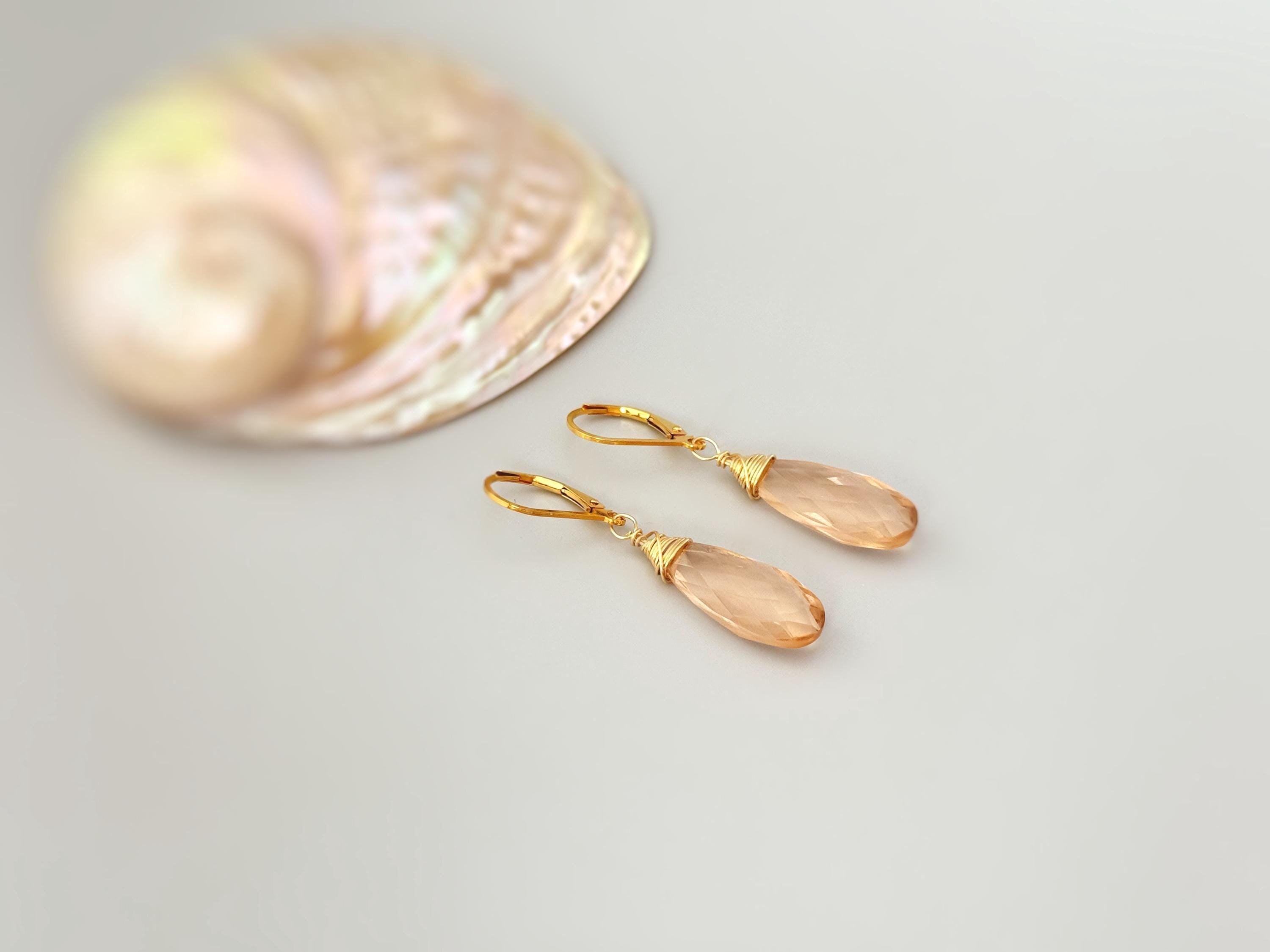 Morganite Earrings 14k Gold dangle pink peach champagne silver, rose gold tear drop dangly crystal earrings handmade Jewelry gift for wife