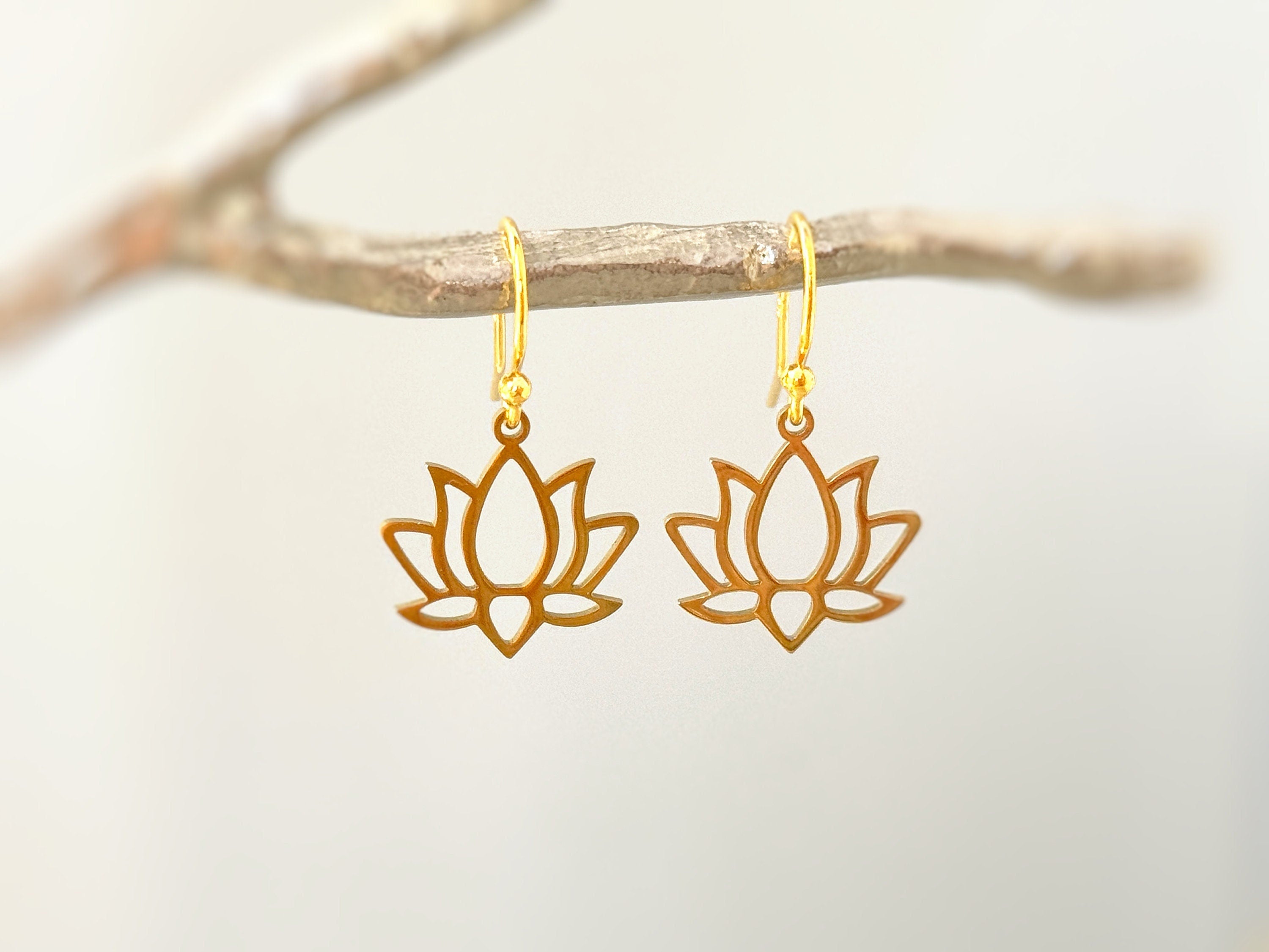 Gold Lotus Flower Earrings, water lily dangle earrings
