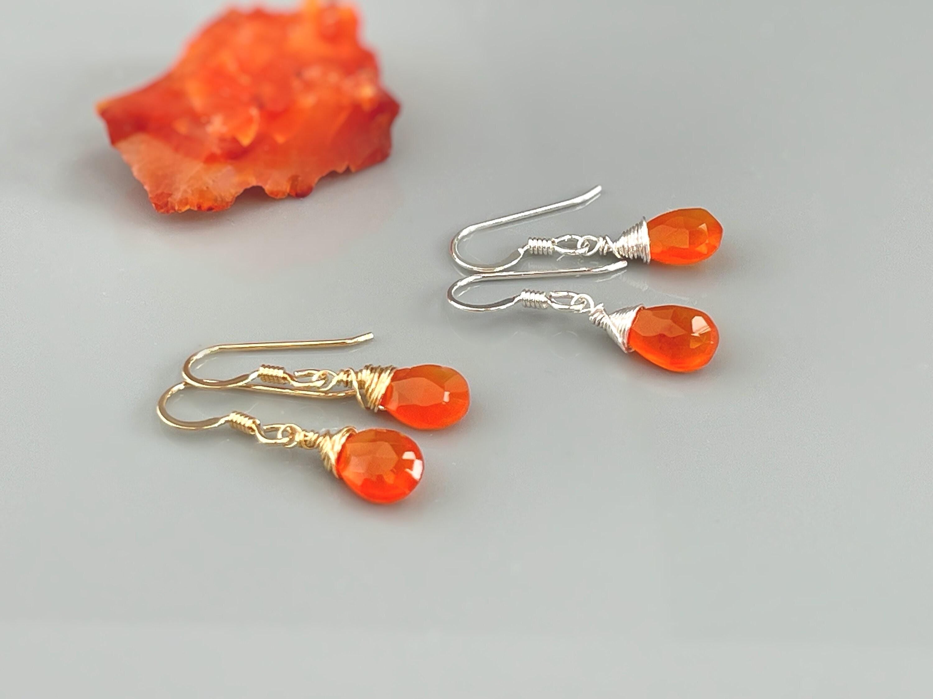 Carnelian Earrings Sterling Silver, 14k Gold Fill, Dangling Teardrop Orange Gemstone Earrings Handmade Carnelian Crystal Jewelry for women