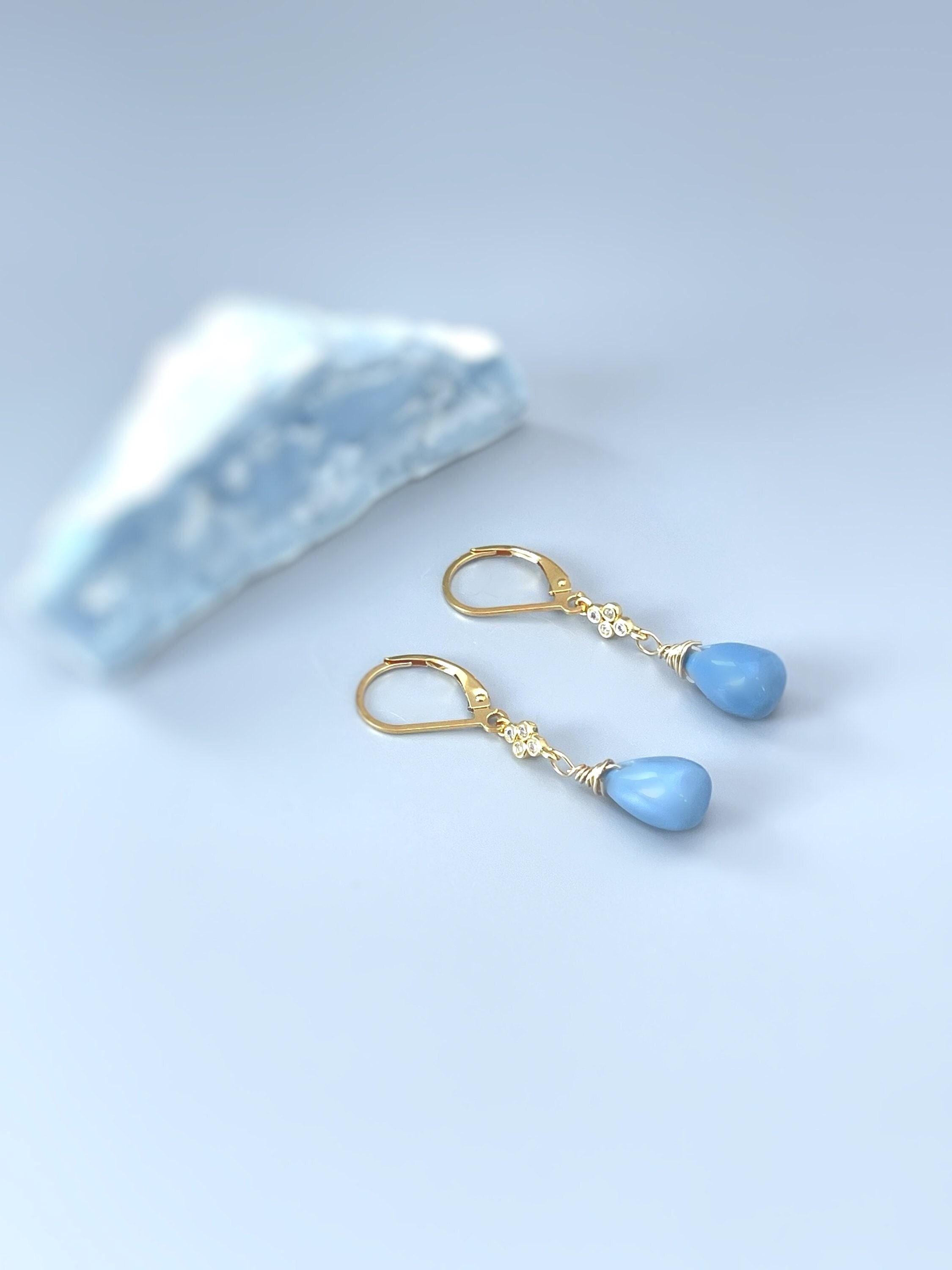 Owyhee Blue Opal earrings dangle 14k Gold, Rose Gold, silver teardrop light blue drop earrings for women dangly boho handmade jewelry gift