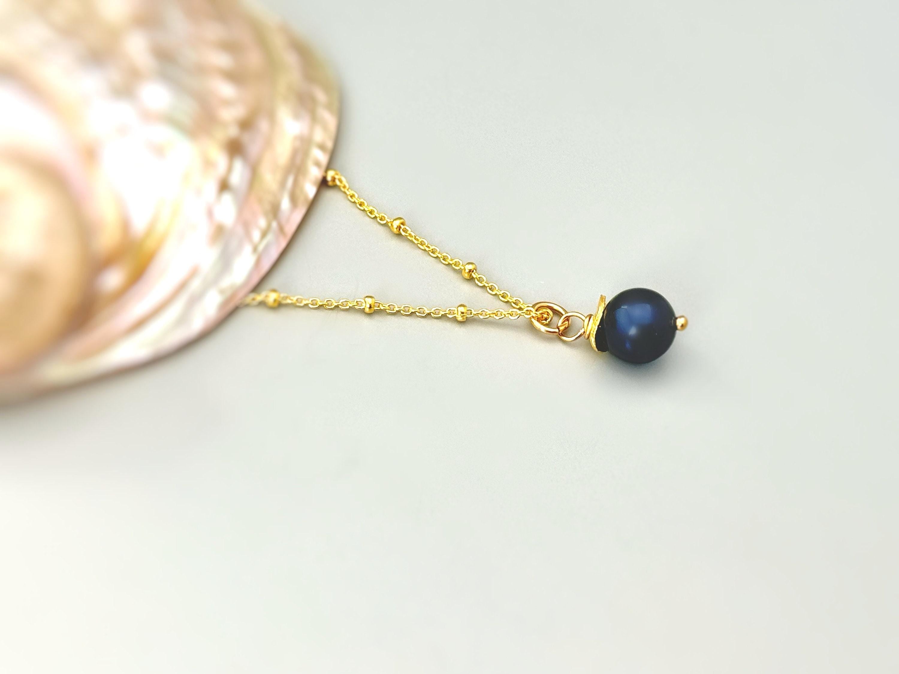 Dainty Blue Pearl Necklace Gold handmade single pearl pendant June birthstone jewelry necklace for women gift for mom, wife