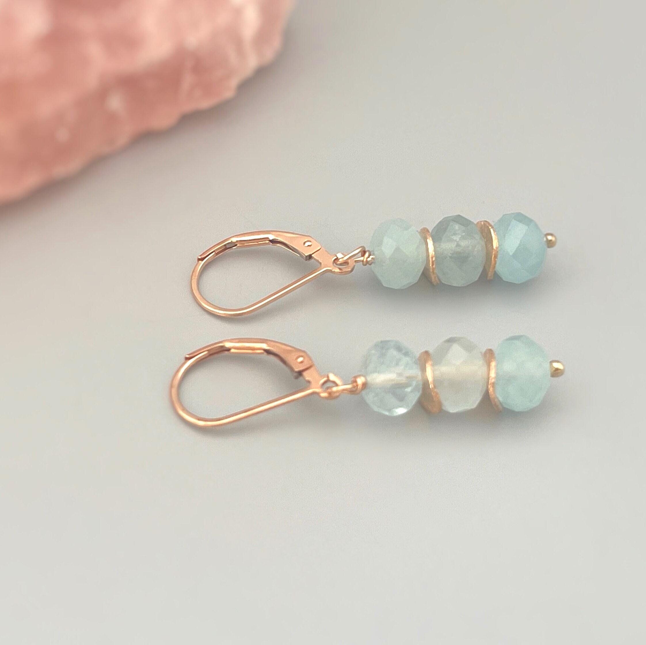 Aquamarine earrings dangle, Rose Gold Sterling Silver, Boho, 14k Gold dangly handmade March Birthstone artisan gemstone jewelry for women