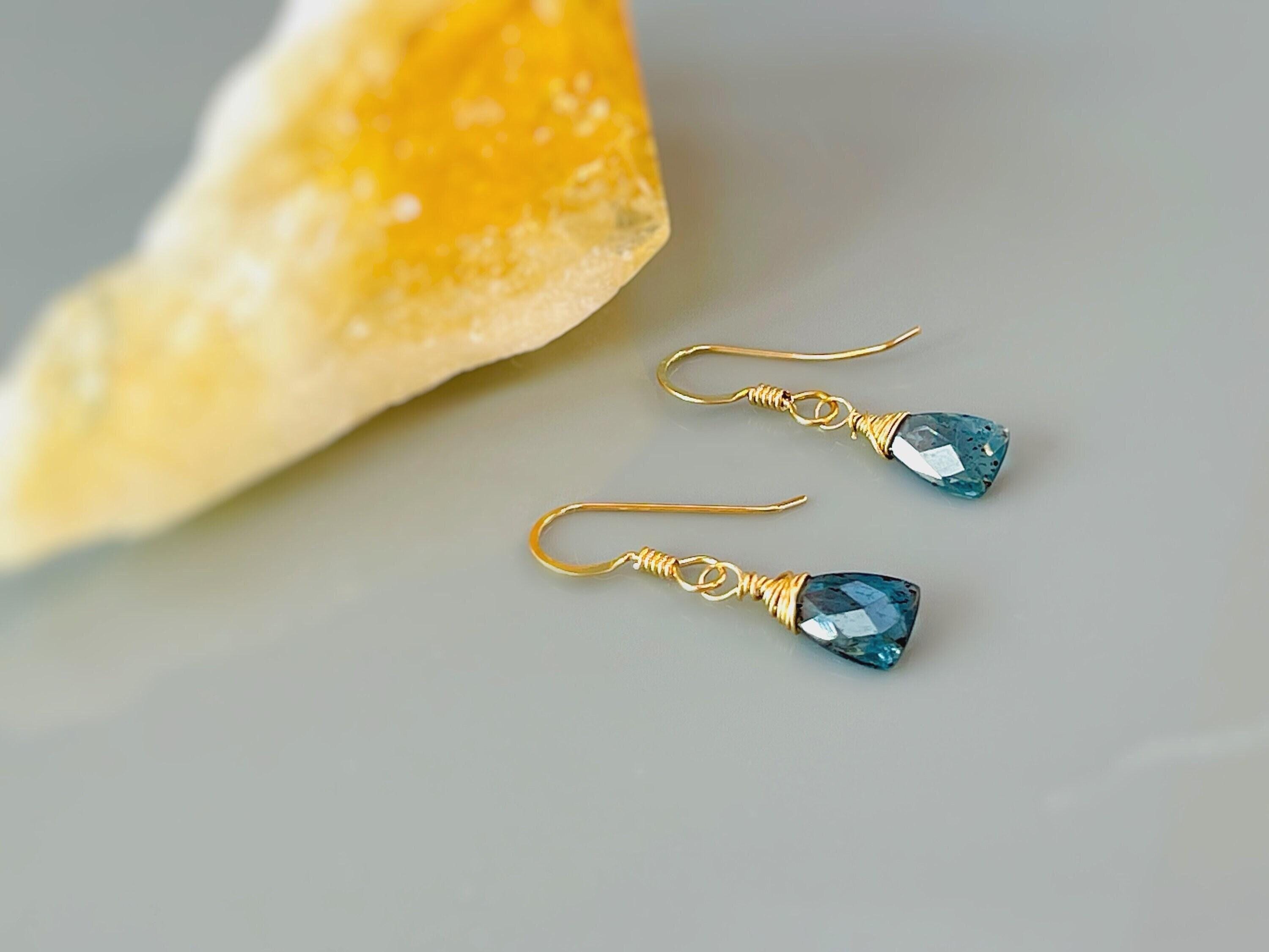 Moss Kyanite Earrings Dangle drop 14k Gold fill, Sterling Silver, 14k Solid Gold Teal Blue Moss Kyanite dangly Artisan Handmade crystal Jewelry