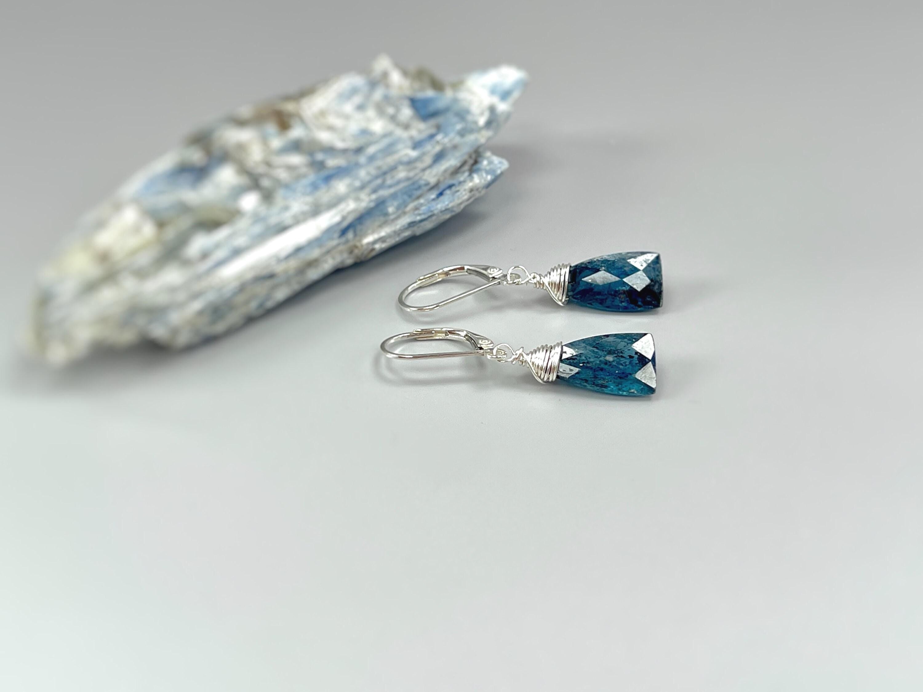 Kyanite Earrings Dangle drop 14k Gold fill, Sterling Silver, 14k Solid Gold Teal Blue Moss Kyanite dangly Artisan Handmade crystal Jewelry