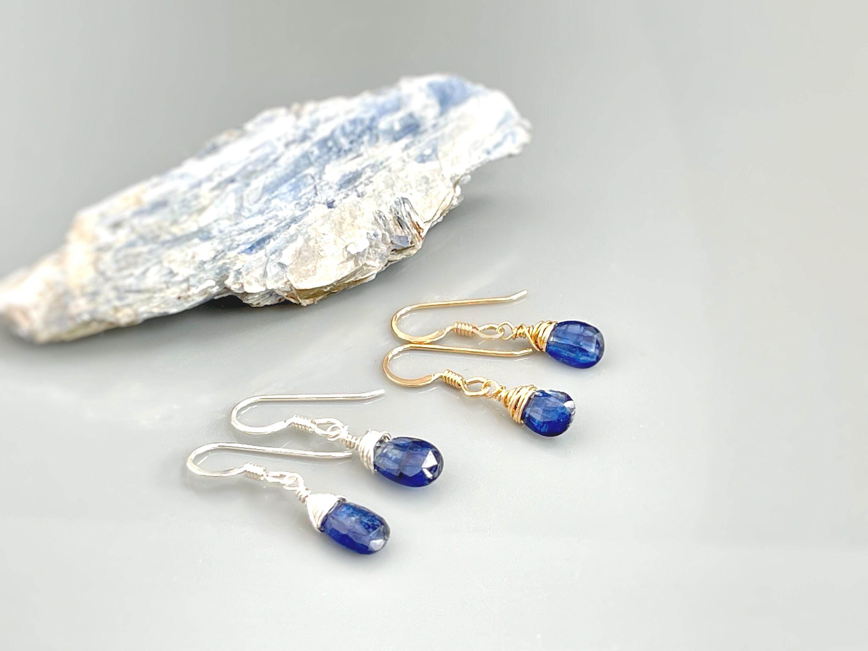 Dainty Blue Kyanite Gemstone earrings dangle drop teardrop 14k Gold, sterling silver blue kyanite jewelry handmade minimalist gift for wife