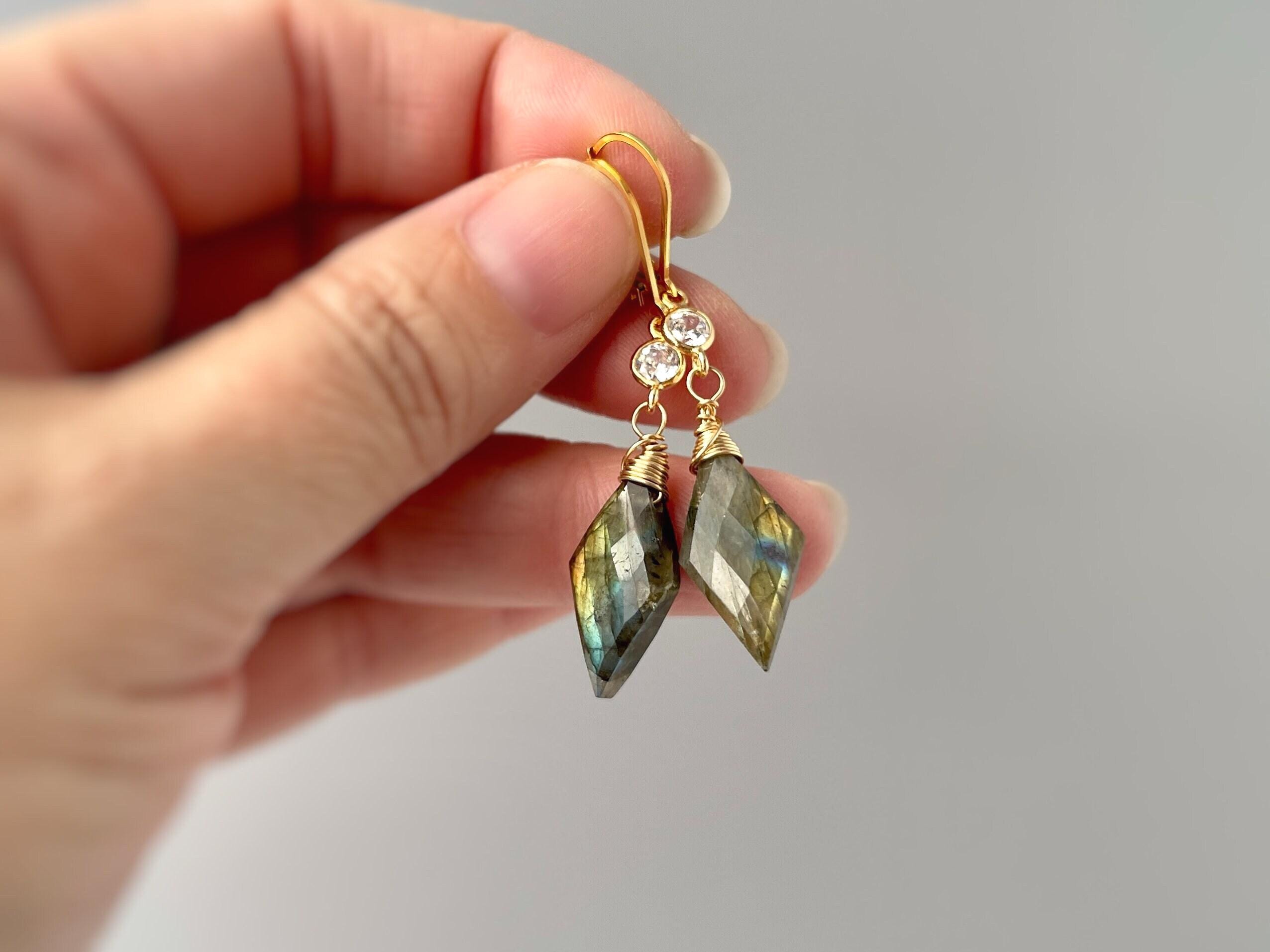 Handmade Labradorite earrings gold dangle Crystal Gemstone 14k dangly tear drop boho gemstone jewelry for women, birthstone gift for wife
