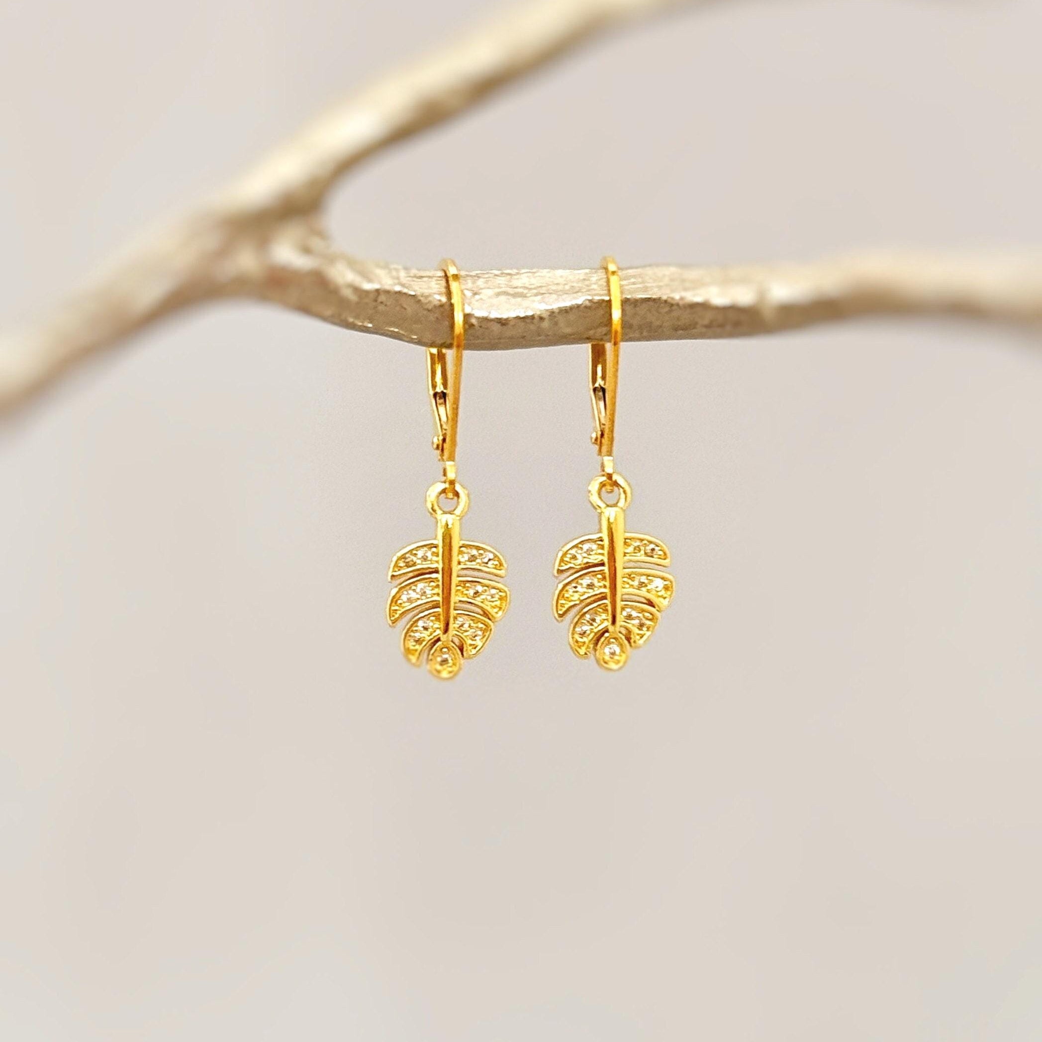 Crystal Monstera Leaf earrings dangle, gold leafy dangly drop pave boho handmade jewelry for women plant lover, gardener, gift for wife, mom