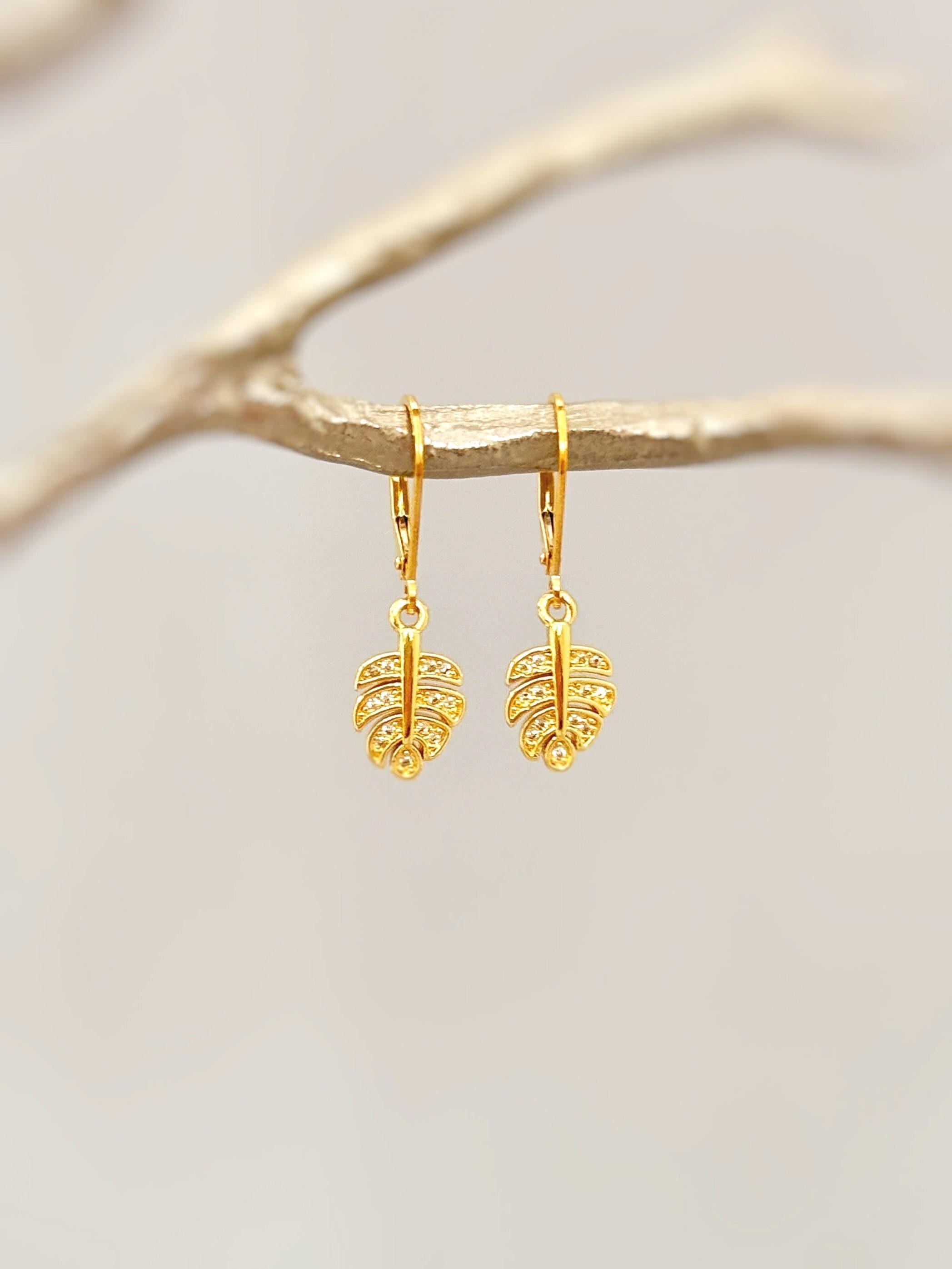 Crystal Monstera Leaf earrings dangle, gold leafy dangly drop pave boho handmade jewelry for women plant lover, gardener, gift for wife, mom