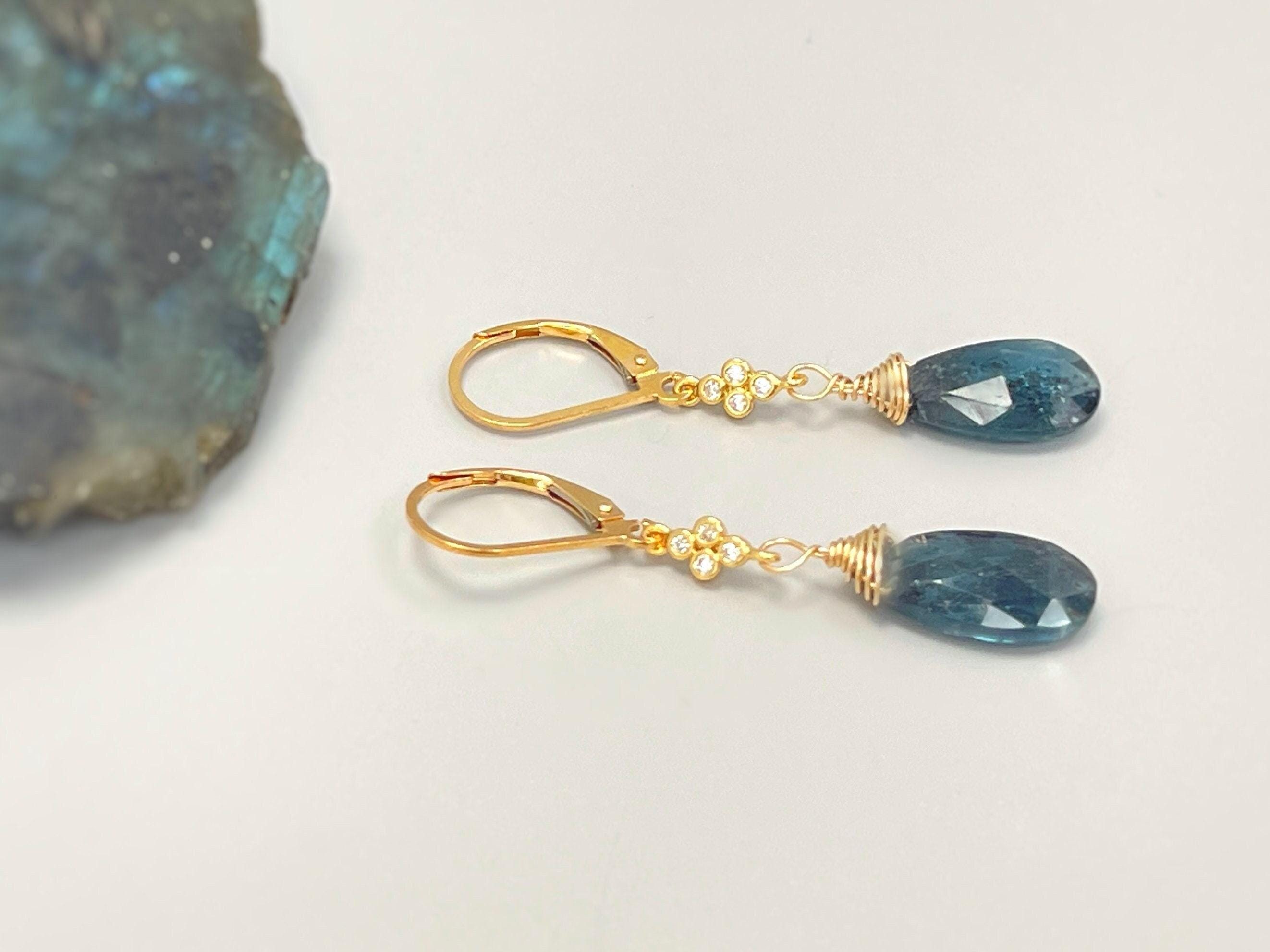 Moss Kyanite earrings dangle, Sterling Silver Crystal dangly boho unique handmade blue green crystal jewelry for women, gift for mom, wife
