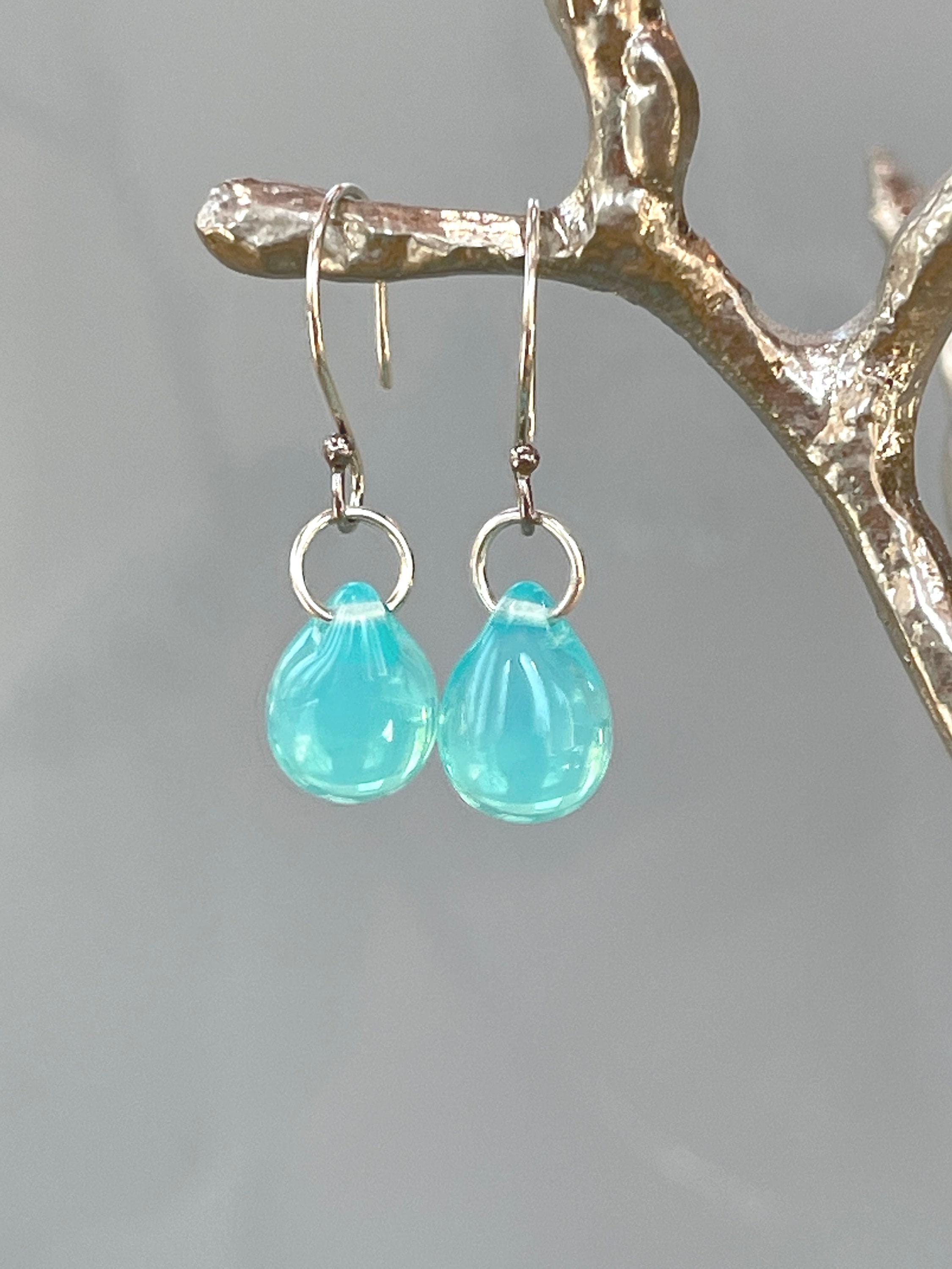 Rain Drop Earrings Aqua Art Glass Earrings sterling silver modern art glass earrings, beach glass, gift for wife, girlfriend