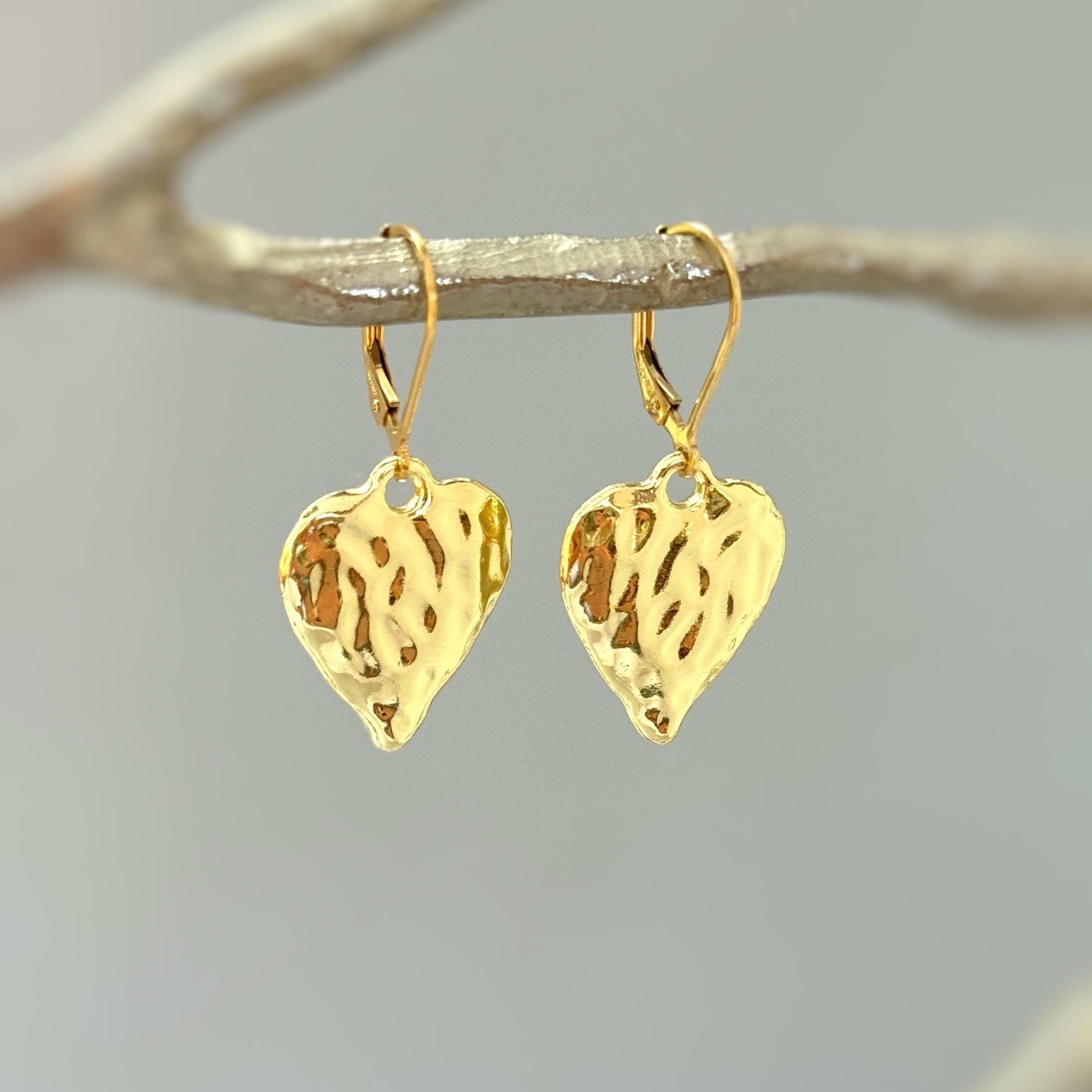 Gold Heart Earrings dangle sparkly boho handmade leverback heart jewelry romantic anniversary valentines gift for wife, girlfriend, mom