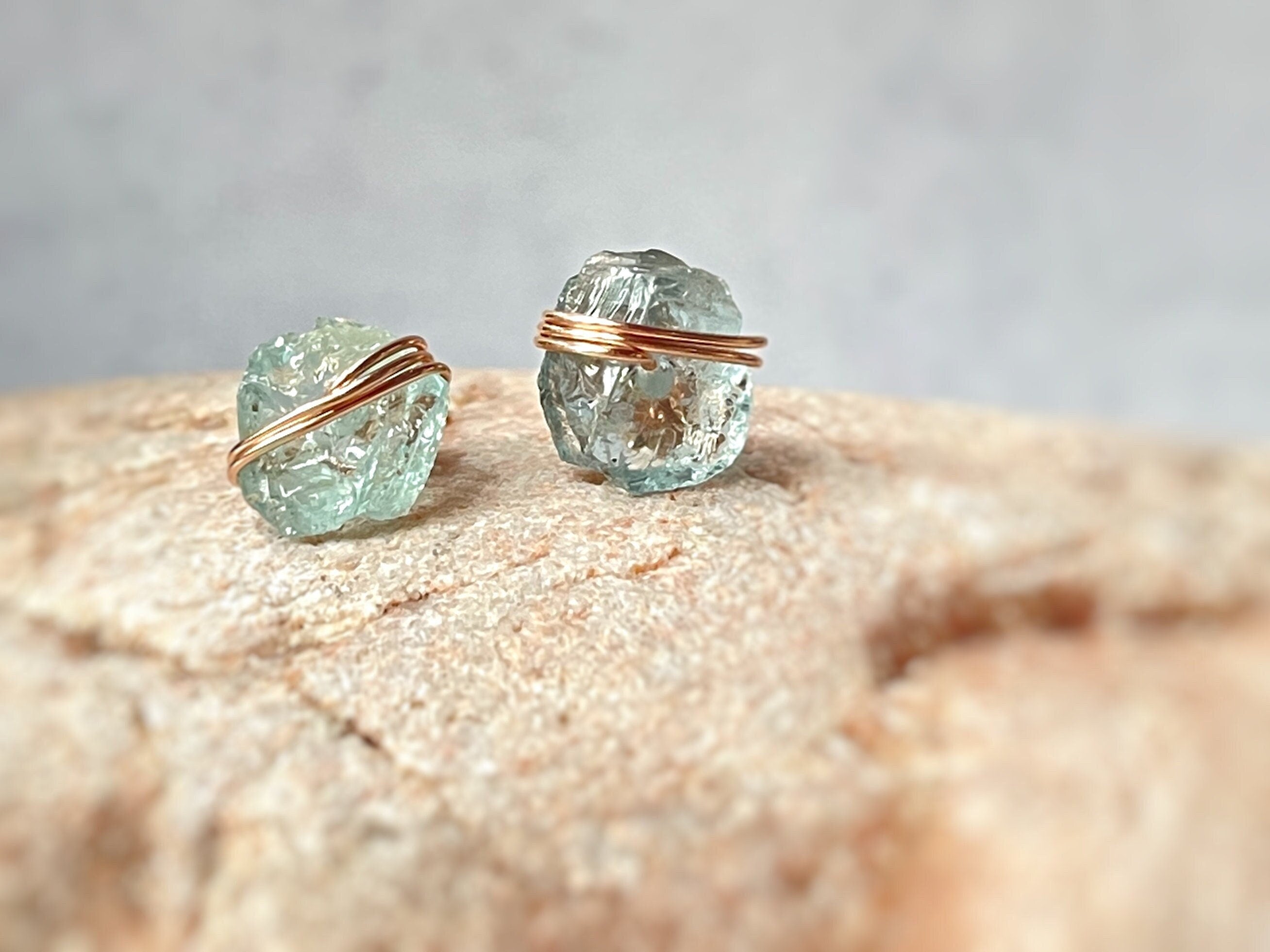 Aquamarine Stud Earrings Raw Gemstone Earrings March Birthstone