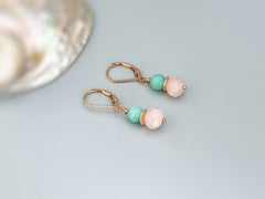 Romantic and Feminine dainty  Rose Quartz and Peruvian Opal dangle earrings in Rose Gold Fill a lovely gift for a mom, wife, girlfriend pink and green handmade gemstone jewelry
