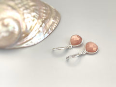Peach Moonstone Earrings Dangle Sterling Silver Teardrop Leverback Minimalist dangly Drop earrings Handmade Moonstone Jewelry gift for wife
