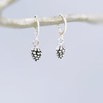 Dainty Silver Pine Cone Earrings dangle Huggie Hoops handmade rustic nature jewelry autumn fall winter earthy woodland gifts for sister, mom
