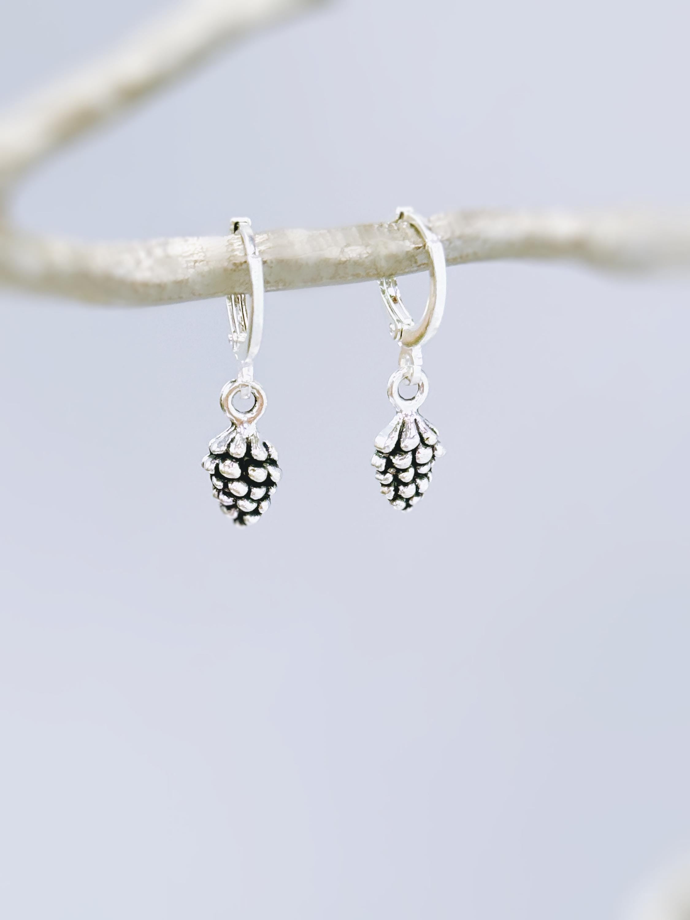 Dainty Silver Pine Cone Earrings dangle Huggie Hoops handmade rustic nature jewelry autumn fall winter earthy woodland gifts for sister, mom