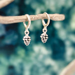 Dainty Silver Pine Cone Earrings dangle Huggie Hoops handmade rustic nature jewelry autumn fall winter earthy woodland gifts for sister, mom