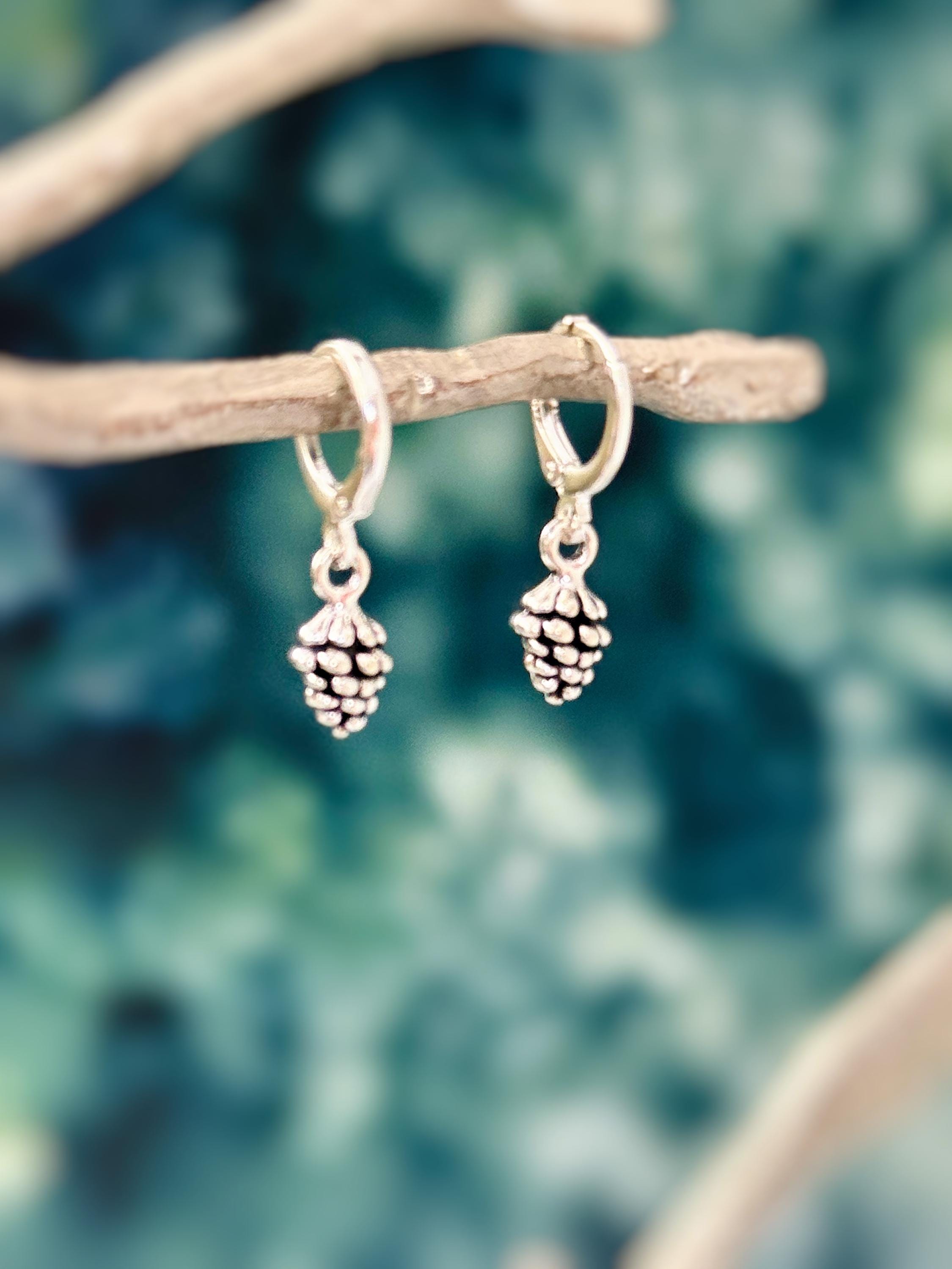 Dainty Silver Pine Cone Earrings dangle Huggie Hoops handmade rustic nature jewelry autumn fall winter earthy woodland gifts for sister, mom