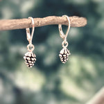 Dainty Silver Pine Cone Earrings dangle Huggie Hoops handmade rustic nature jewelry autumn fall winter earthy woodland gifts for sister, mom