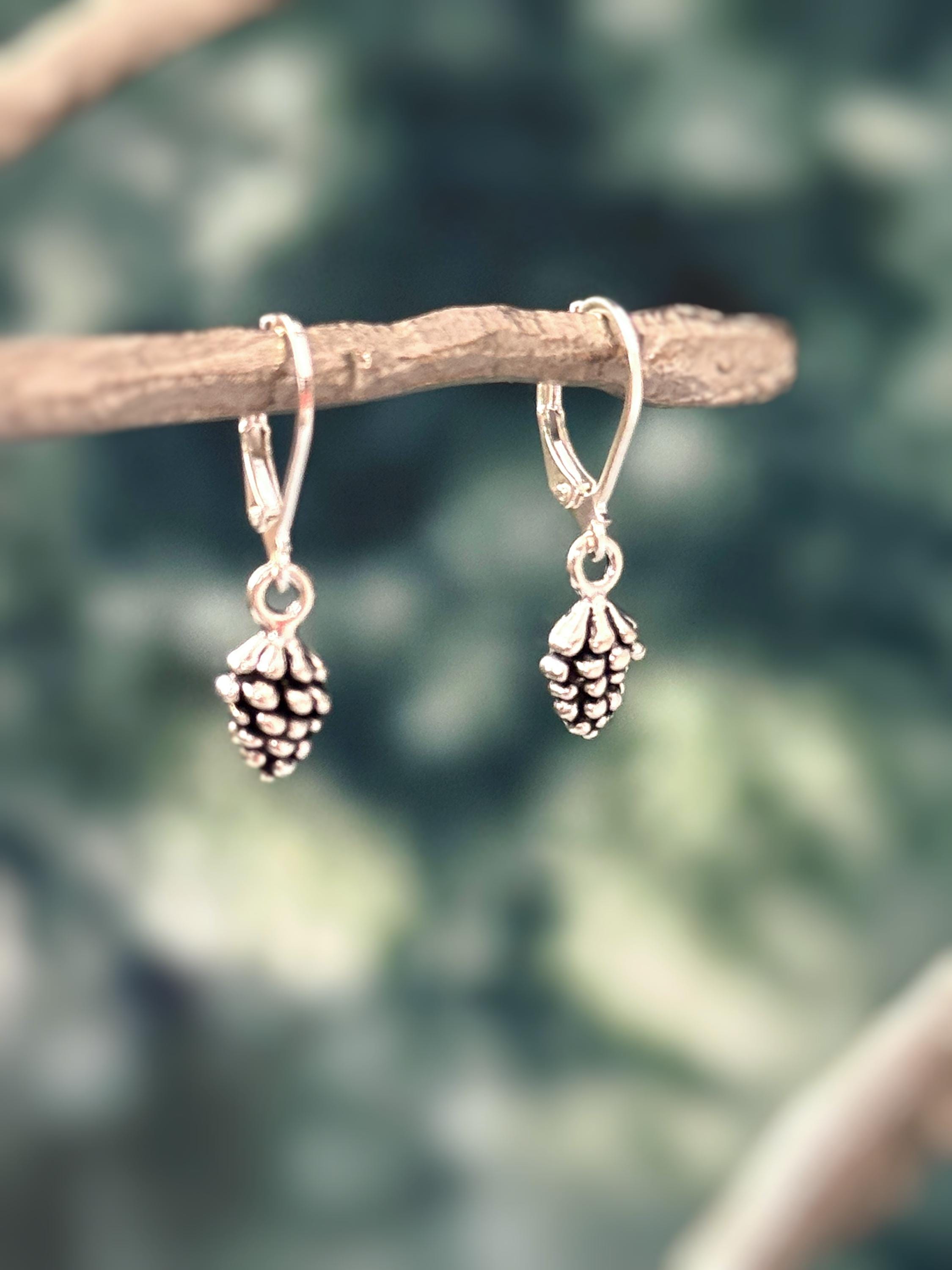 Dainty Silver Pine Cone Earrings dangle Huggie Hoops handmade rustic nature jewelry autumn fall winter earthy woodland gifts for sister, mom