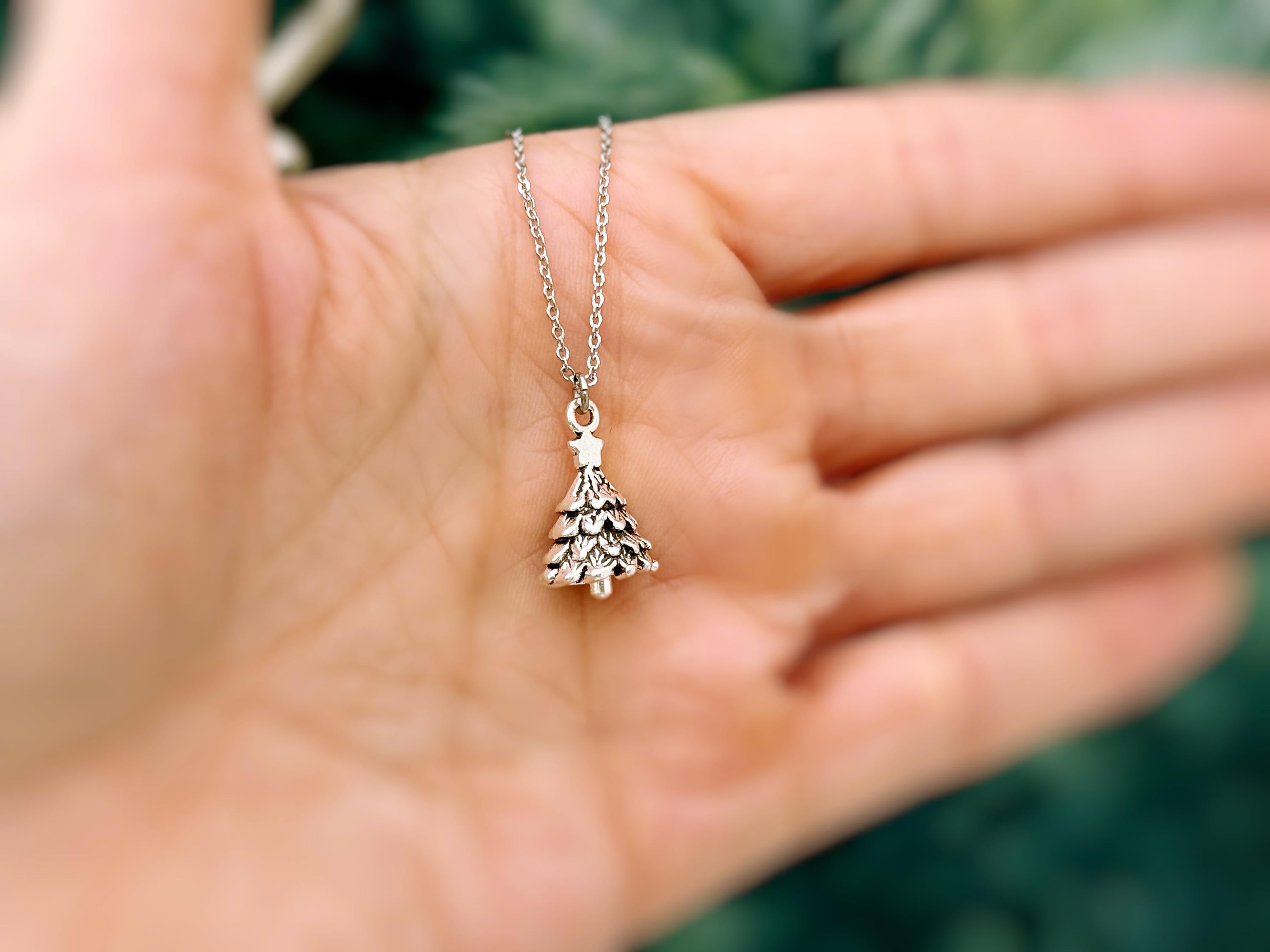 Silver Christmas Tree Necklace pine tree pendant handmade rustic nature jewelry gift for outdoor lovers holiday party winter jewelry gift