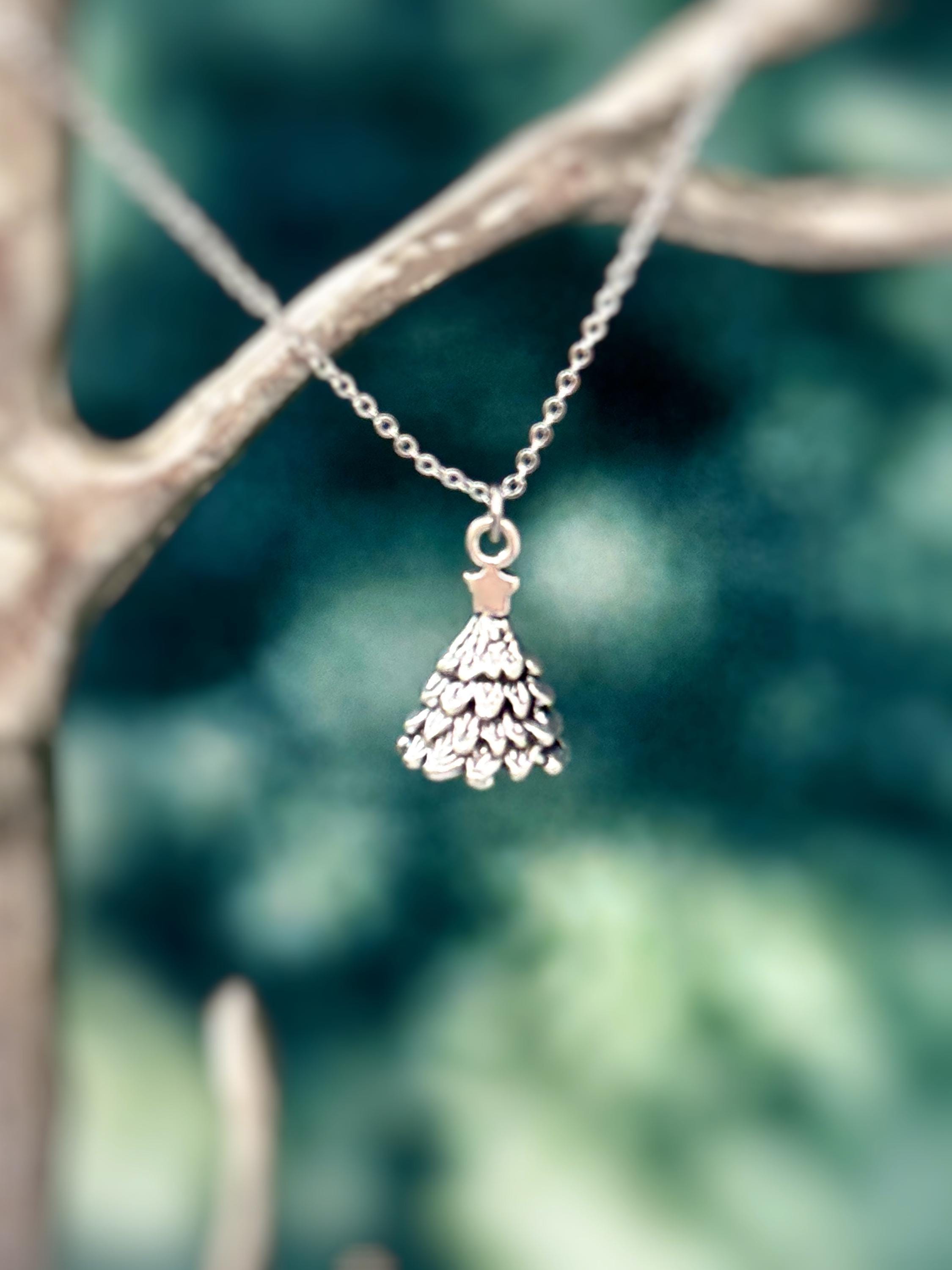 Silver Christmas Tree Necklace pine tree pendant handmade rustic nature jewelry gift for outdoor lovers holiday party winter jewelry gift