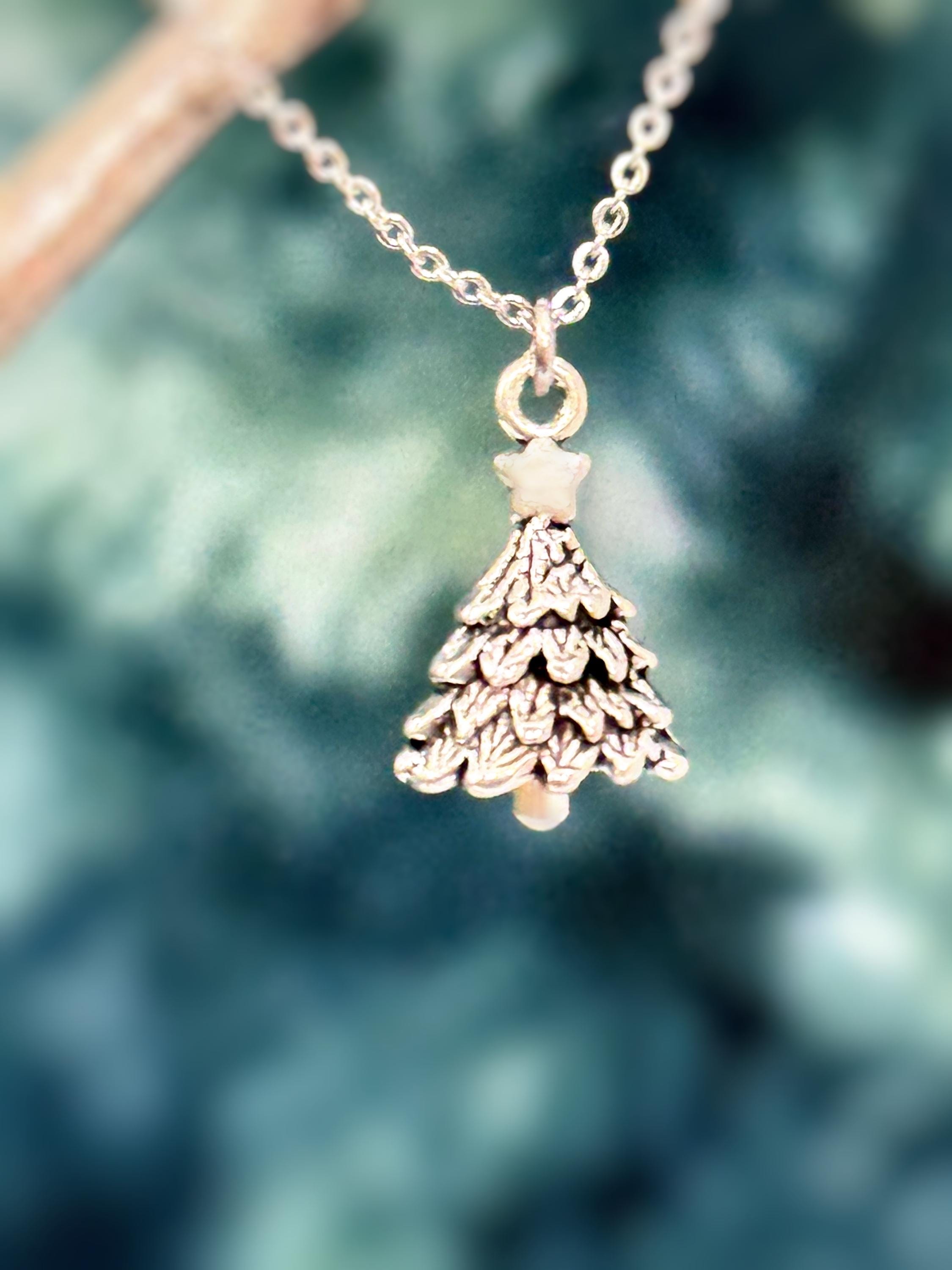 Silver Christmas Tree Necklace pine tree pendant handmade rustic nature jewelry gift for outdoor lovers holiday party winter jewelry gift