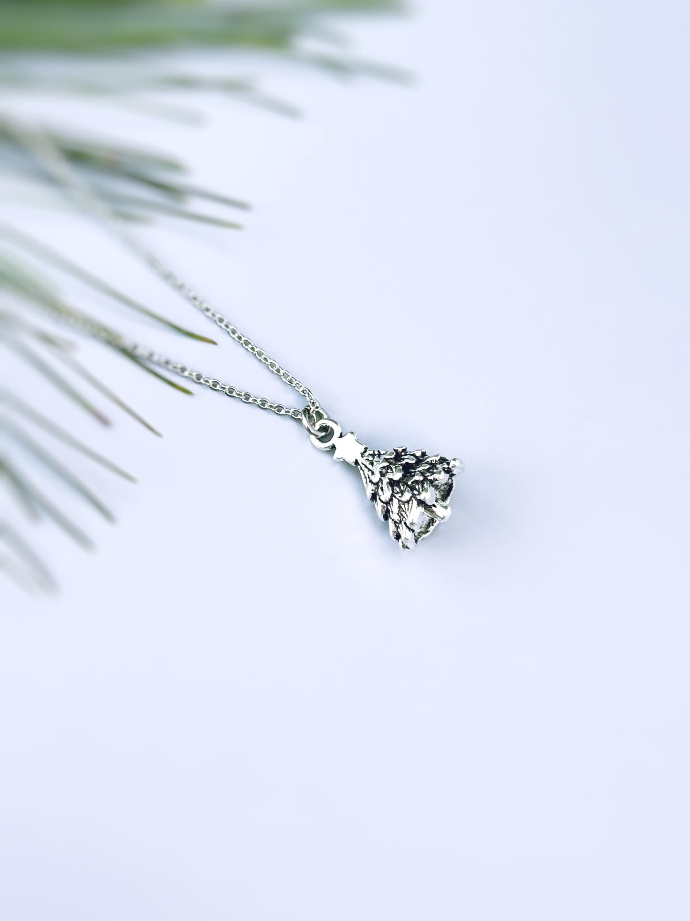 Silver Christmas Tree Necklace pine tree pendant handmade rustic nature jewelry gift for outdoor lovers  holiday party winter jewelry gift