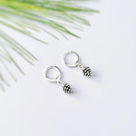 Dainty Silver Pine Cone Earrings dangle Huggie Hoops handmade rustic nature jewelry autumn fall winter earthy woodland gifts for sister, mom