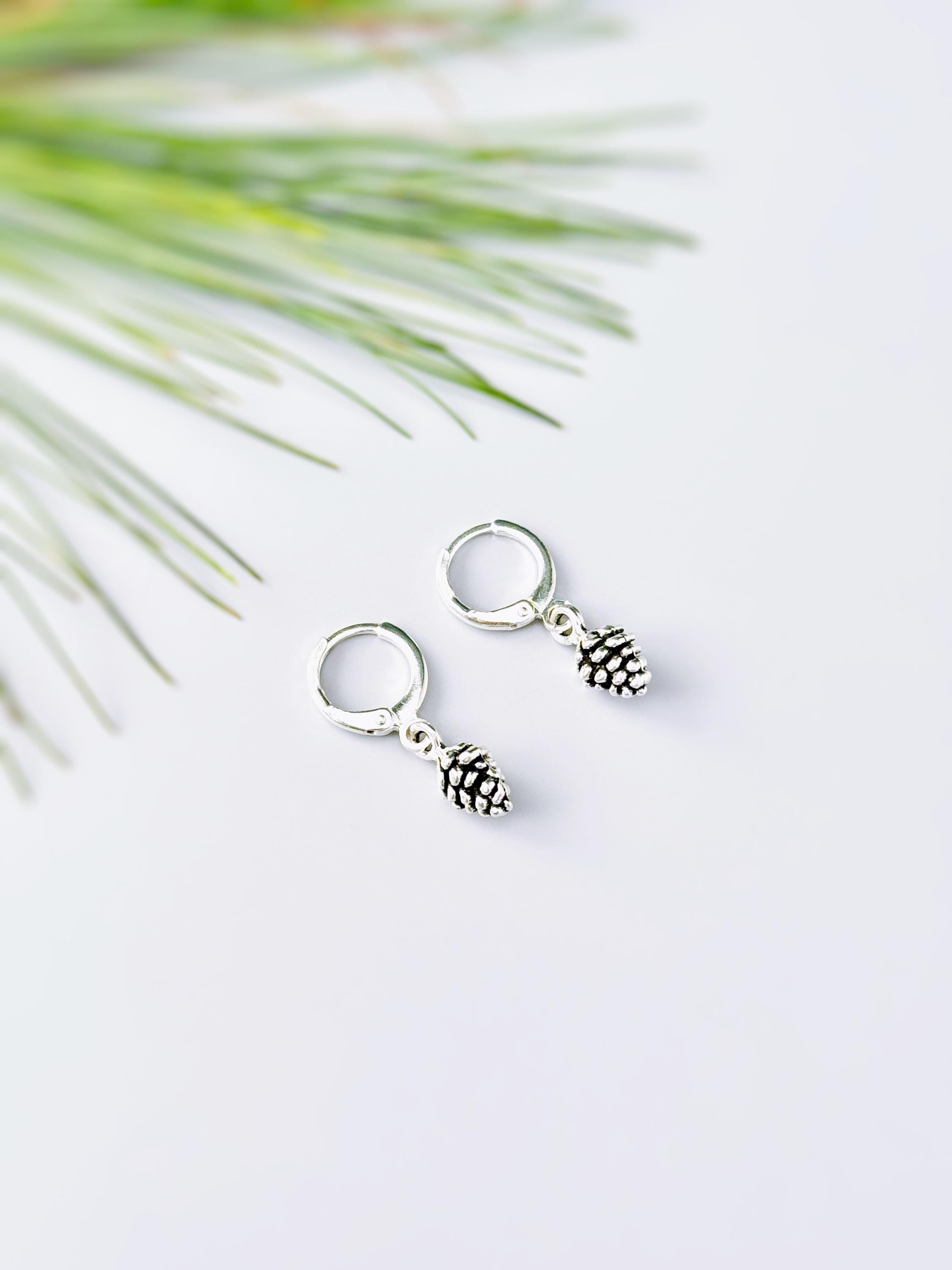 Dainty Silver Pine Cone Earrings dangle Huggie Hoops handmade rustic nature jewelry autumn fall winter earthy woodland gifts for sister, mom
