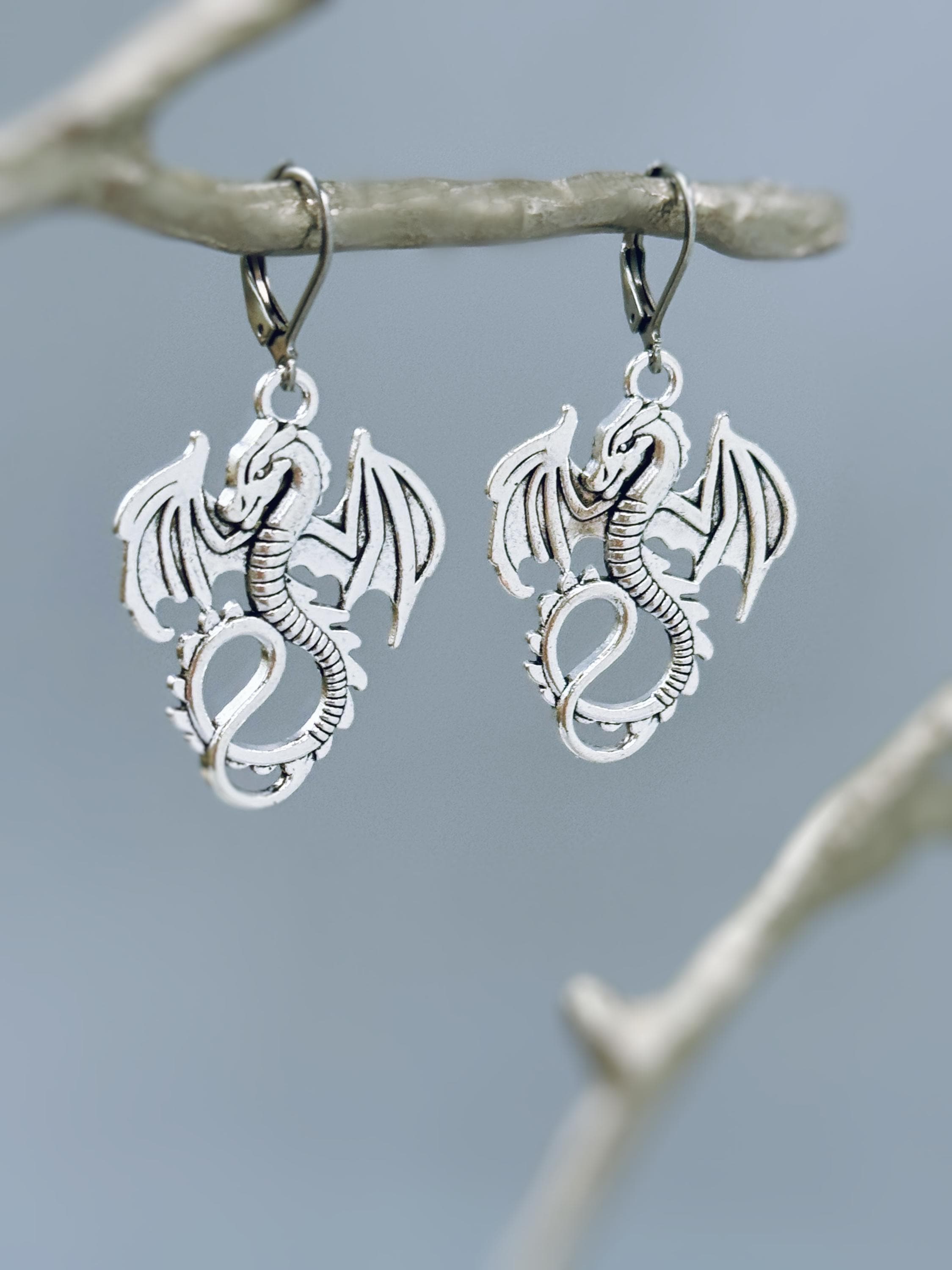 Silver Dragon Earrings dangle handmade Fantasy whimsigoth jewelry stainless steel grunge gothic statement earrings witchy gift for women