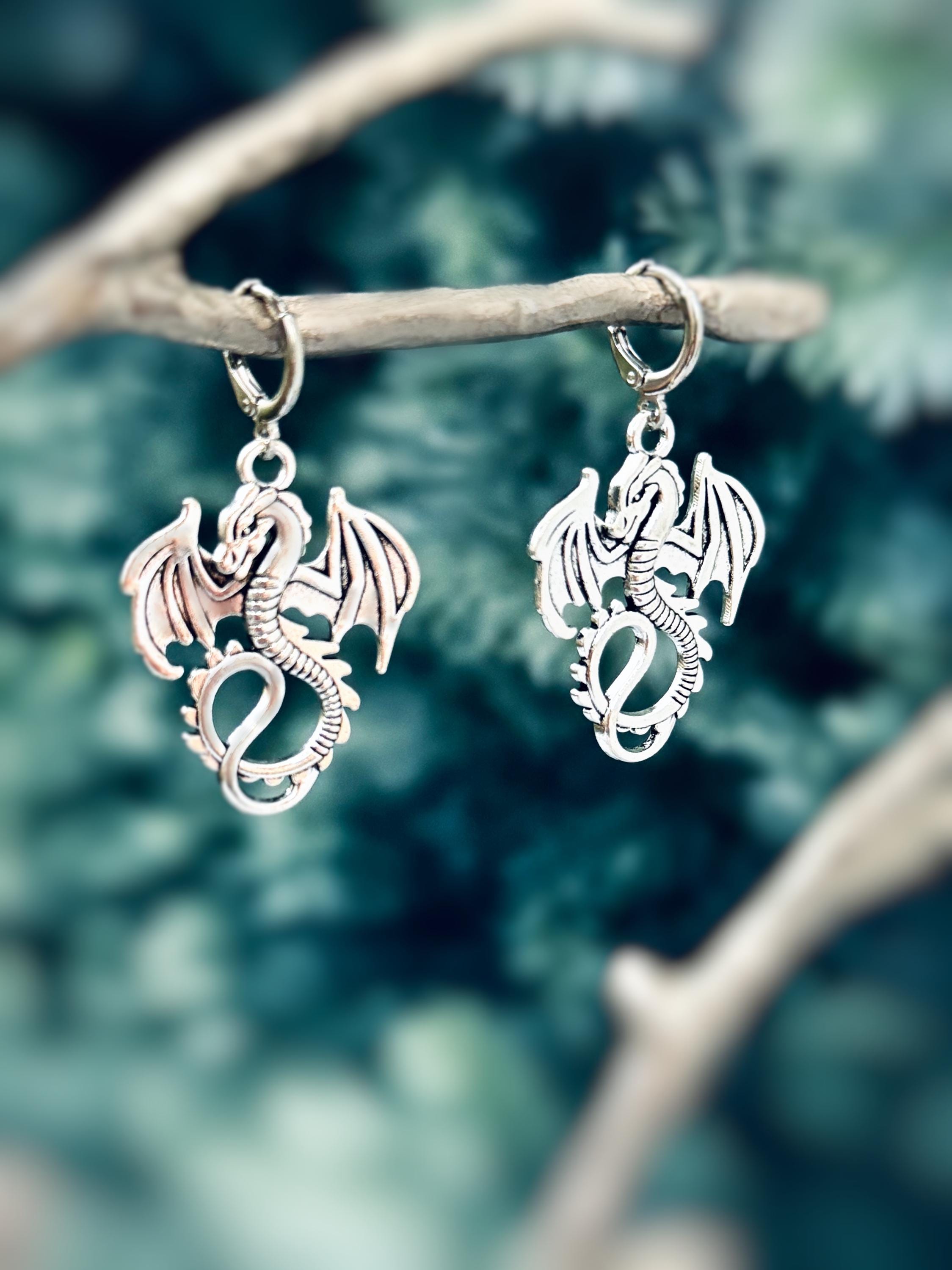 Silver Dragon Earrings dangle handmade Fantasy whimsigoth jewelry stainless steel grunge gothic statement earrings witchy gift for women