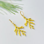 Forest Nature Earrings gold dangle Cedar Branch handmade rustic winter jewelry earthy woodland gifts for outdoor lovers, hikers sisters moms