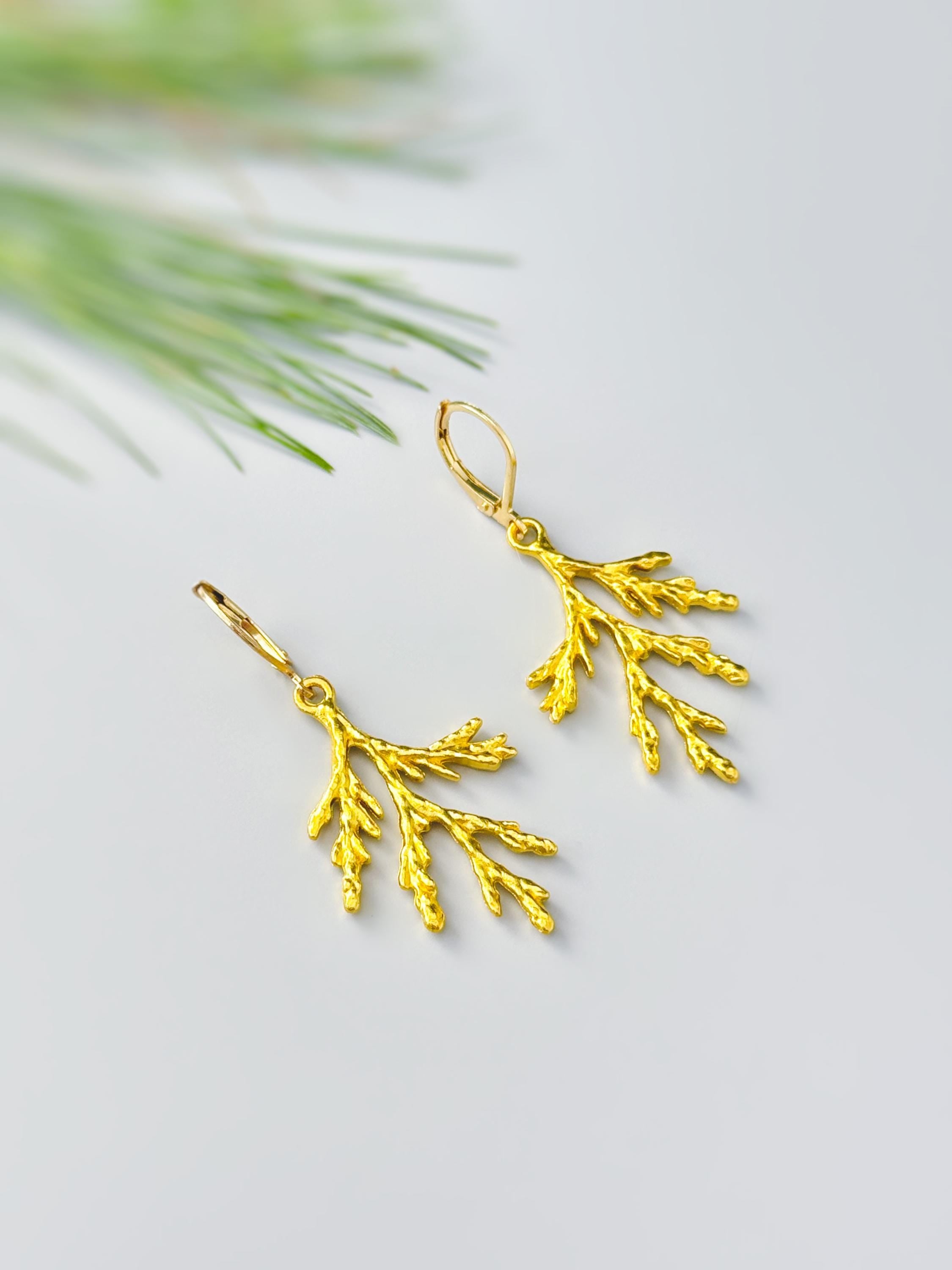 Forest Nature Earrings gold dangle Cedar Branch handmade rustic winter jewelry earthy woodland gifts for outdoor lovers, hikers sisters moms