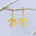 Forest Nature Earrings gold dangle Cedar Branch handmade rustic winter jewelry earthy woodland gifts for outdoor lovers, hikers sisters moms