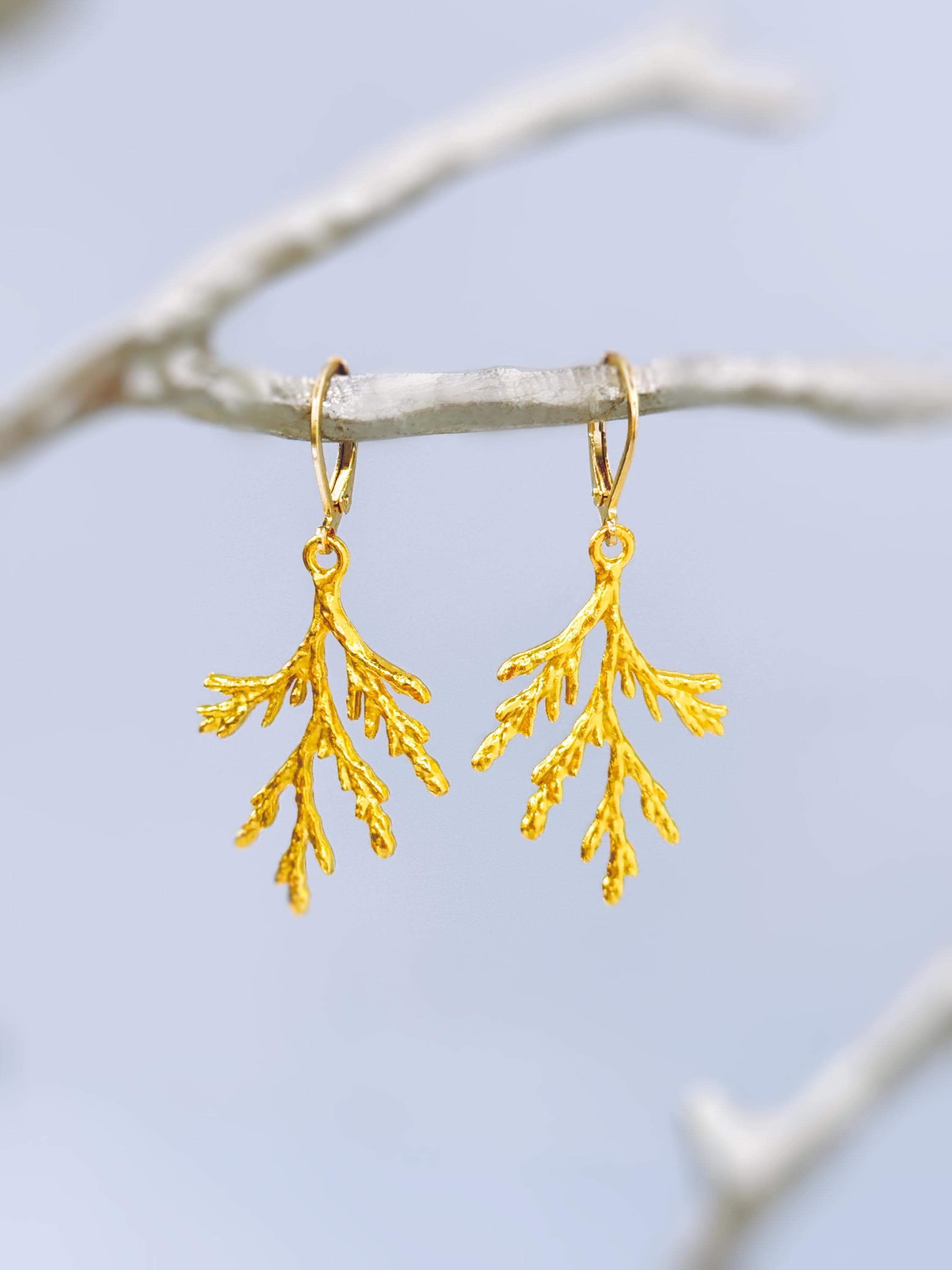 Forest Nature Earrings gold dangle Cedar Branch handmade rustic winter jewelry earthy woodland gifts for outdoor lovers, hikers sisters moms