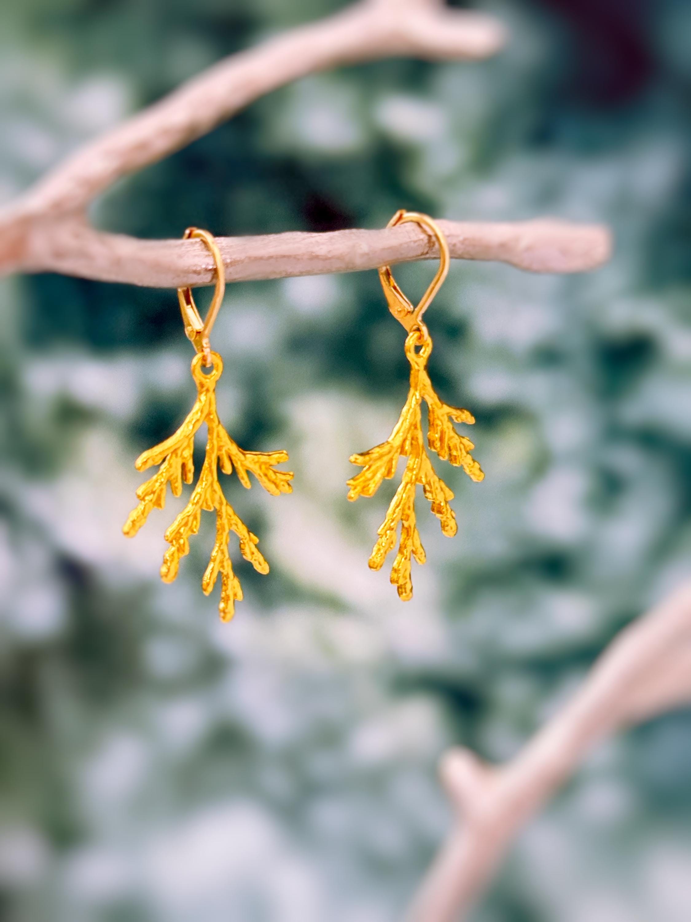 Forest Nature Earrings gold dangle Cedar Branch handmade rustic winter jewelry earthy woodland gifts for outdoor lovers, hikers sisters moms