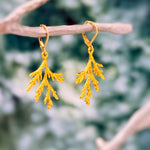 Forest Nature Earrings gold dangle Cedar Branch handmade rustic winter jewelry earthy woodland gifts for outdoor lovers, hikers sisters moms