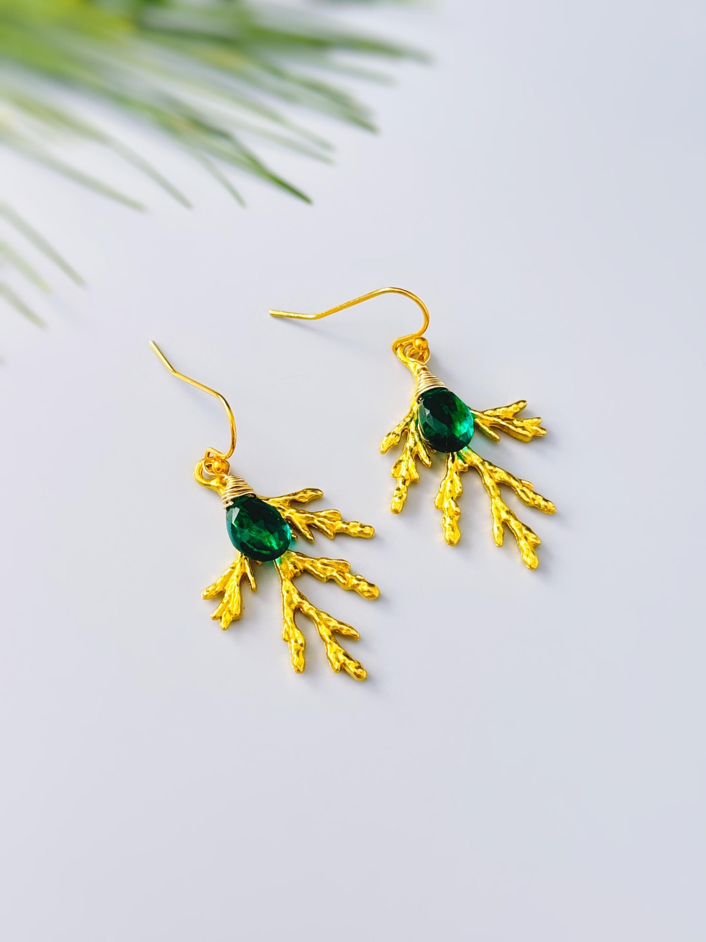 Forest Nature Earrings gold emerald dangle Cedar Branch handmade rustic winter jewelry earthy woodland gifts for outdoor lovers, hikers