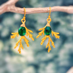 Forest Nature Earrings gold emerald dangle Cedar Branch handmade rustic winter jewelry earthy woodland gifts for outdoor lovers, hikers