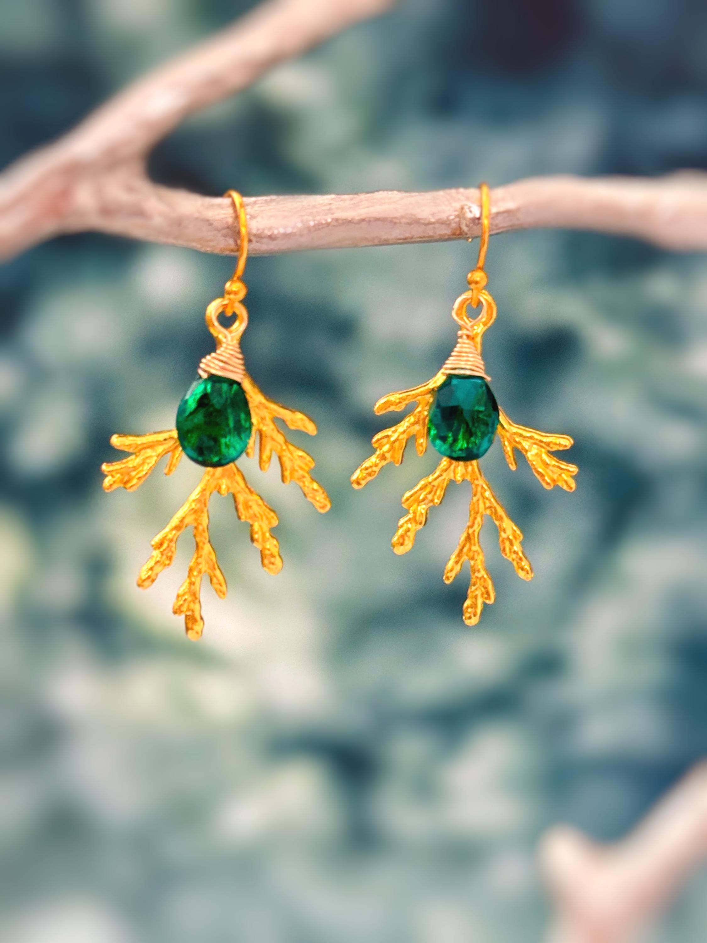Forest Nature Earrings gold emerald dangle Cedar Branch handmade rustic winter jewelry earthy woodland gifts for outdoor lovers, hikers