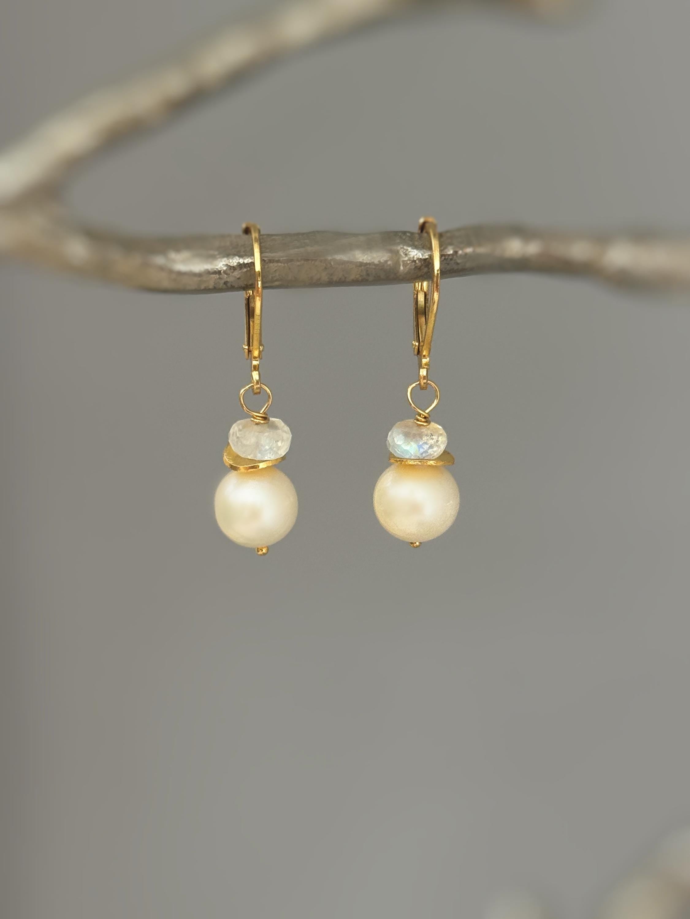 Pearl and Moonstone Earrings Dangle Sterling Silver, 14k Gold Handmade Gemstone Freshwater Pearl Jewelry June birth stone gift for mom, wife