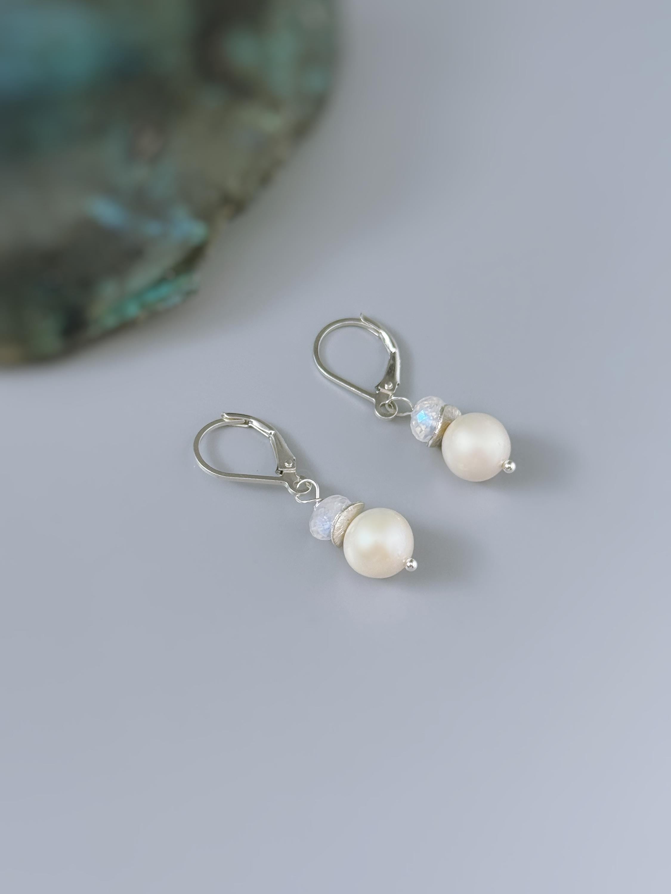 Pearl and Moonstone Earrings Dangle 14k Gold, Silver Handmade Gemstone Freshwater Pearl Jewelry June birth stone gift for mom, wife