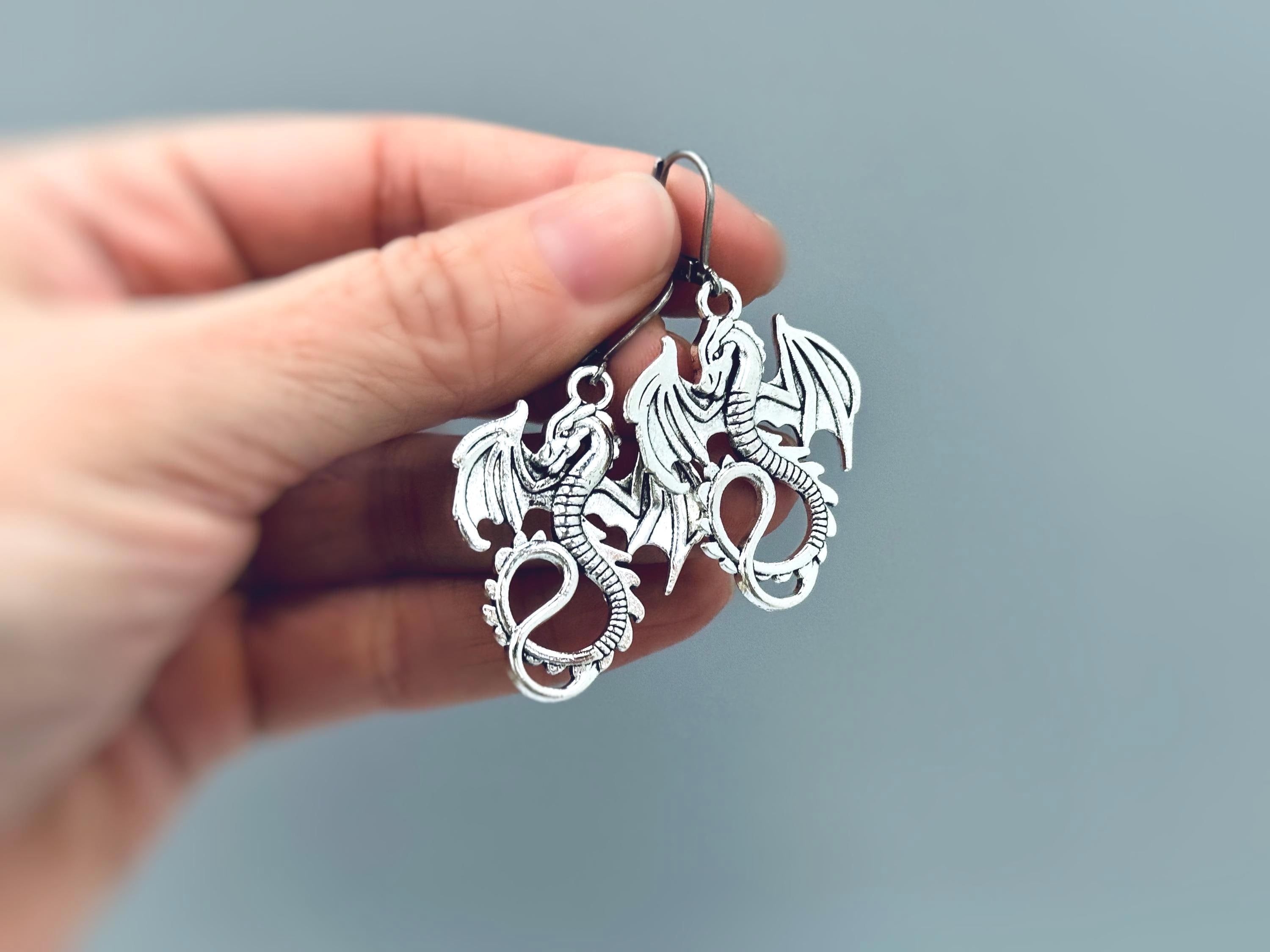Silver Dragon Earrings dangle handmade Fantasy whimsigoth jewelry stainless steel grunge gothic statement earrings witchy gift for women