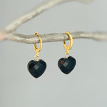 Onyx Black Heart Earrings Dangle Huggie Hoops Gold, Silver minimalist whimsigoth jewelry gift July Birthstone handmade gold gemstone hoops