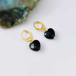 Onyx Black Heart Earrings Dangle Huggie Hoops Gold, Silver minimalist whimsigoth jewelry gift July Birthstone handmade gold gemstone hoops