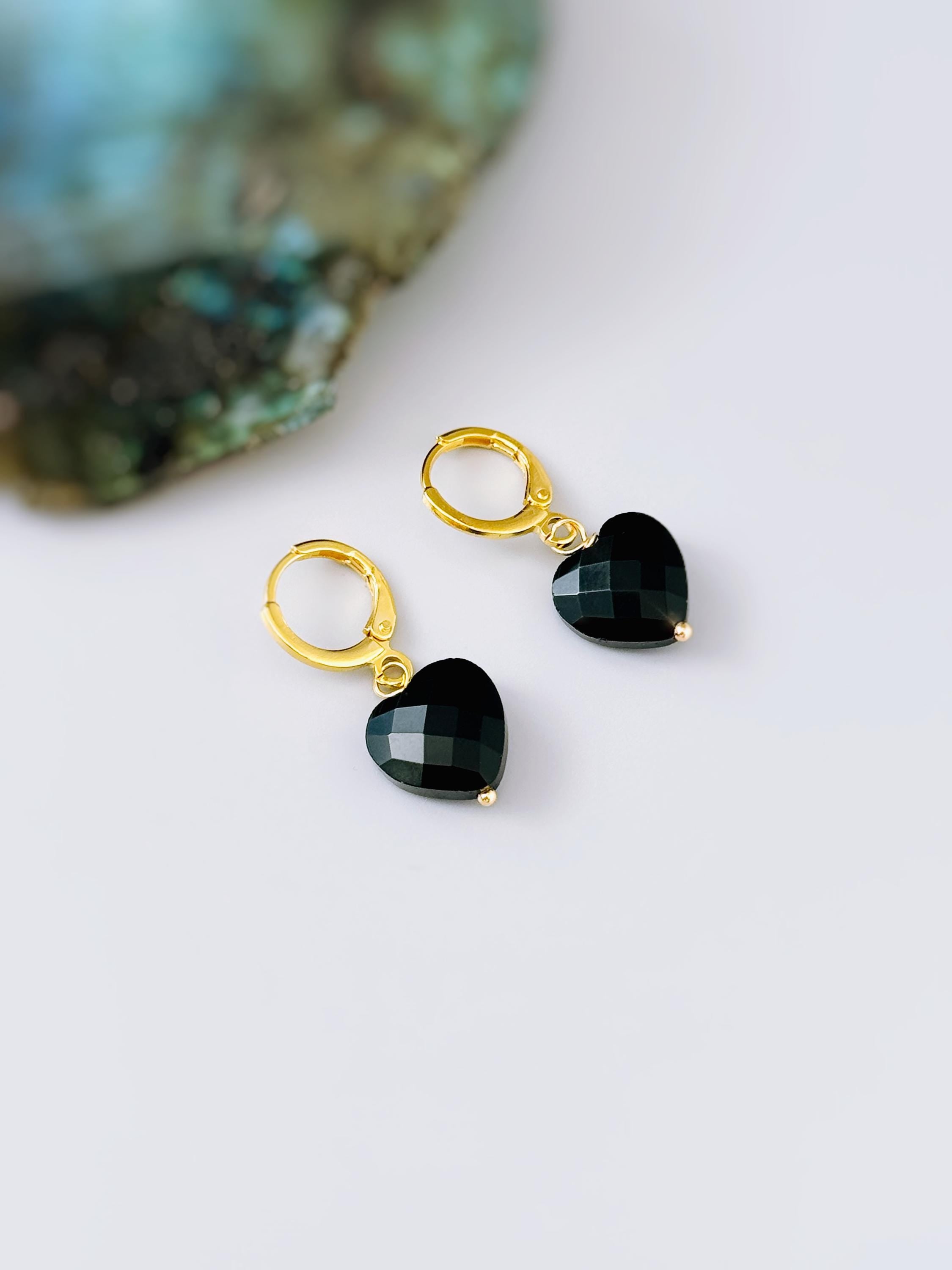 Onyx Black Heart Earrings Dangle Huggie Hoops Gold, Silver minimalist whimsigoth jewelry gift July Birthstone handmade gold gemstone hoops