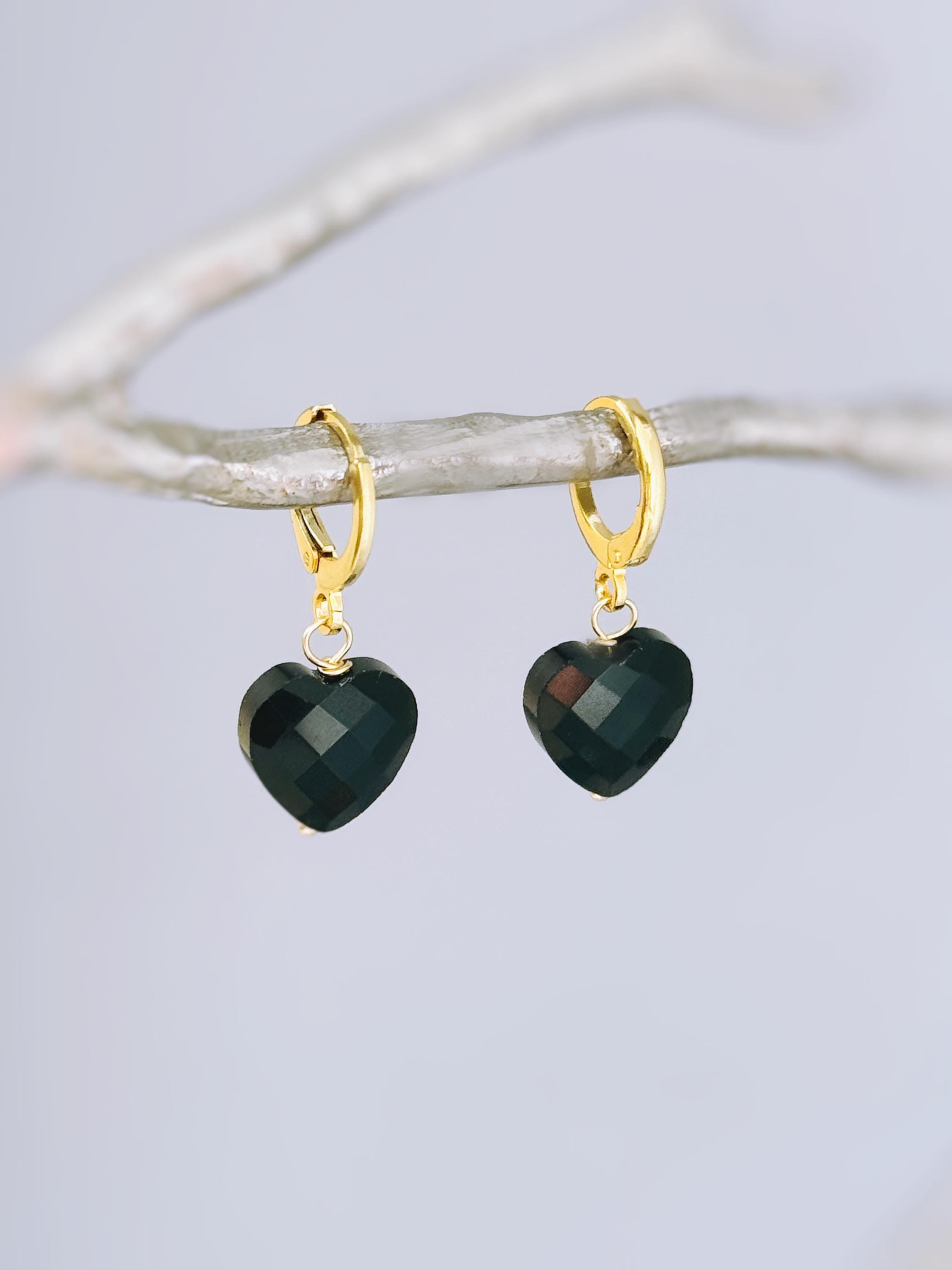 Onyx Black Heart Earrings Dangle Huggie Hoops Gold, Silver minimalist whimsigoth jewelry gift July Birthstone handmade gold gemstone hoops