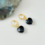 Onyx Black Heart Earrings Dangle Huggie Hoops Gold, Silver minimalist whimsigoth jewelry gift  July Birthstone handmade gold gemstone hoops
