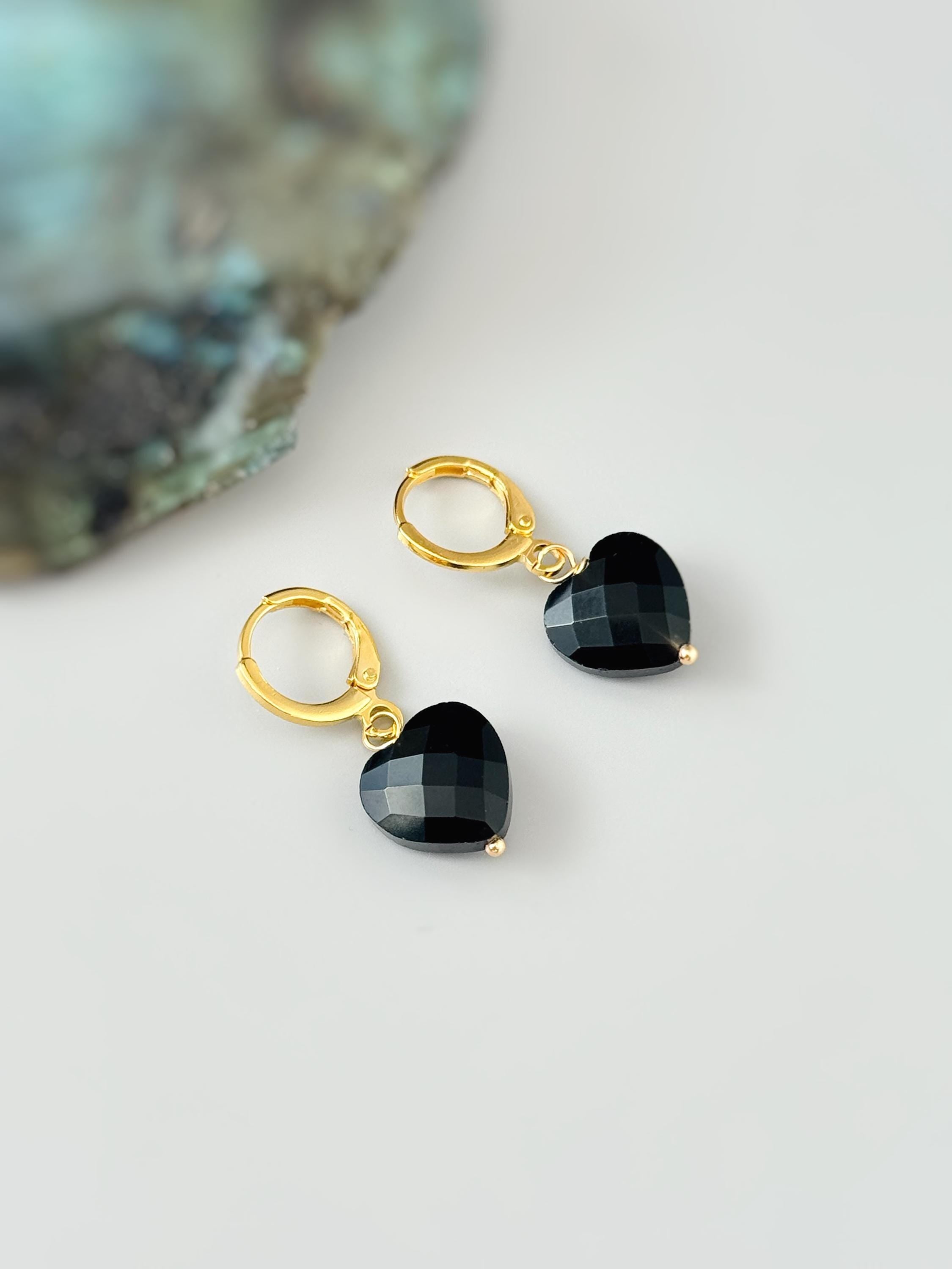 Onyx Black Heart Earrings Dangle Huggie Hoops Gold, Silver minimalist whimsigoth jewelry gift  July Birthstone handmade gold gemstone hoops